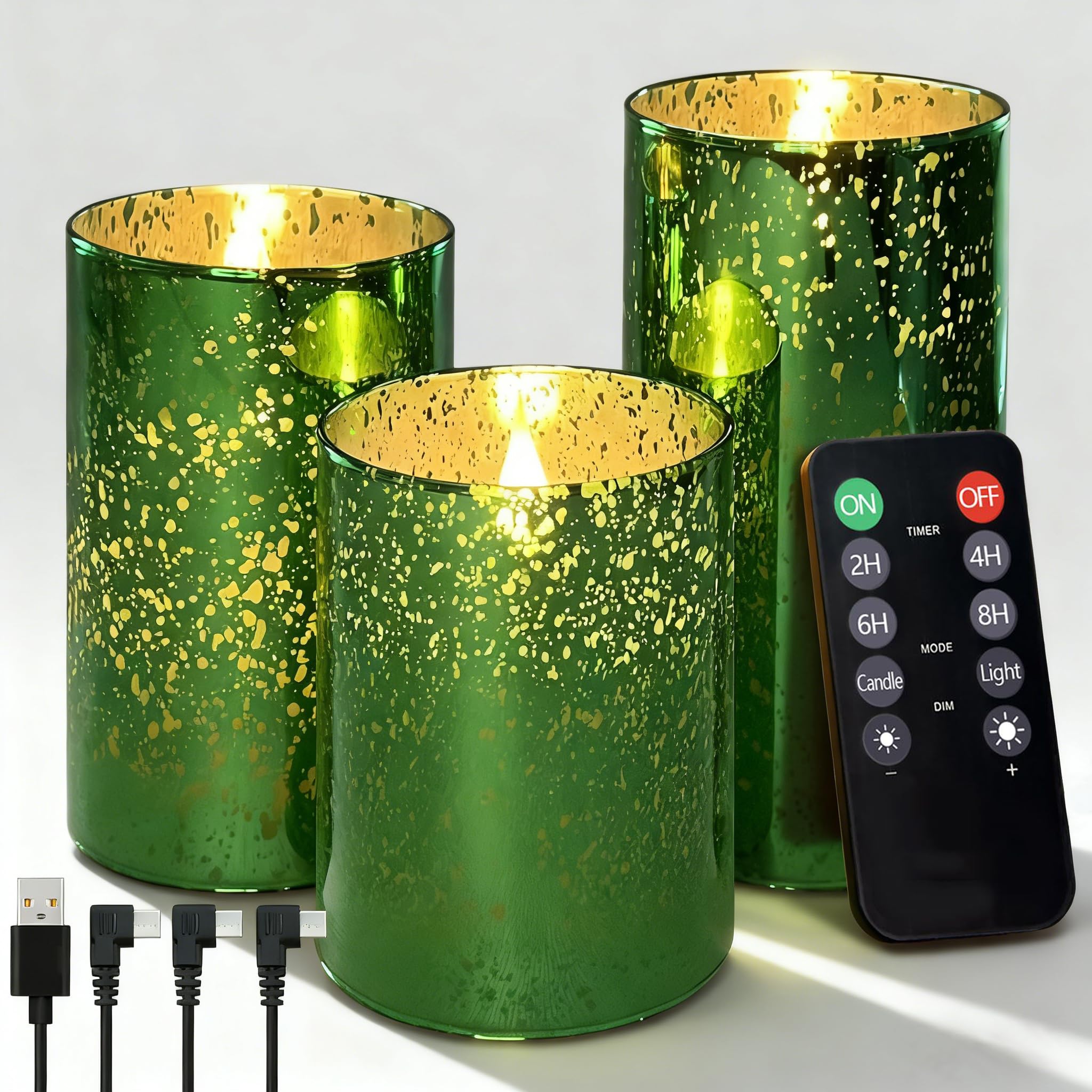 Candele a LED con funzione timer e telecomando, candele in vera cera ricaricabili USB, set da 3 pezzi, verde, fiamma tremolante, 55-100 ore, durata per Natale, camera da letto