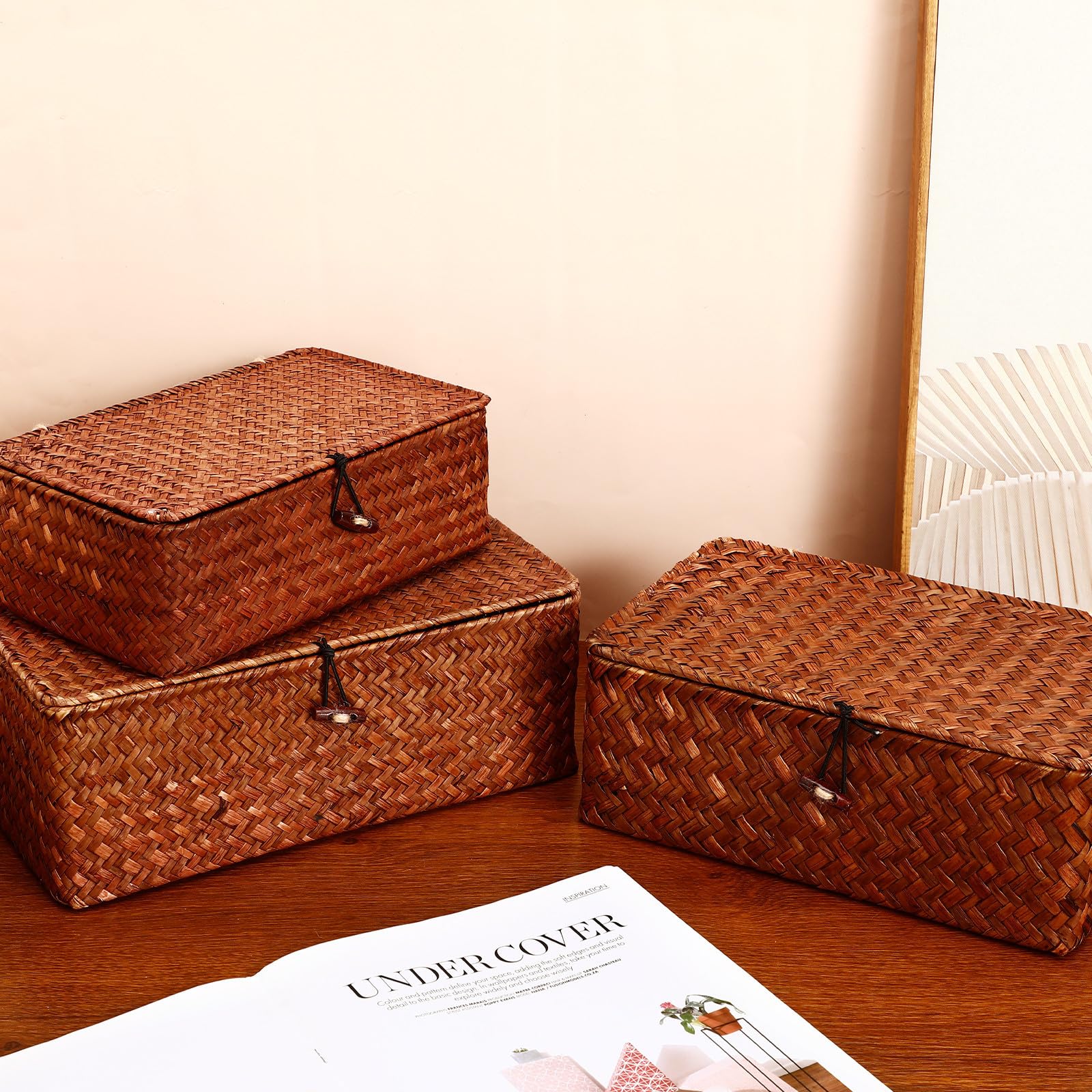 HEMOTON 3piezas Cestas Tejidas con Tapa Cajas Organizadoras de Almacenamiento con Gran Capacidad para Oficina Hogar y Baño Cajas Multiusos para Cosméticos y Utensilios Pequeños Diseño
