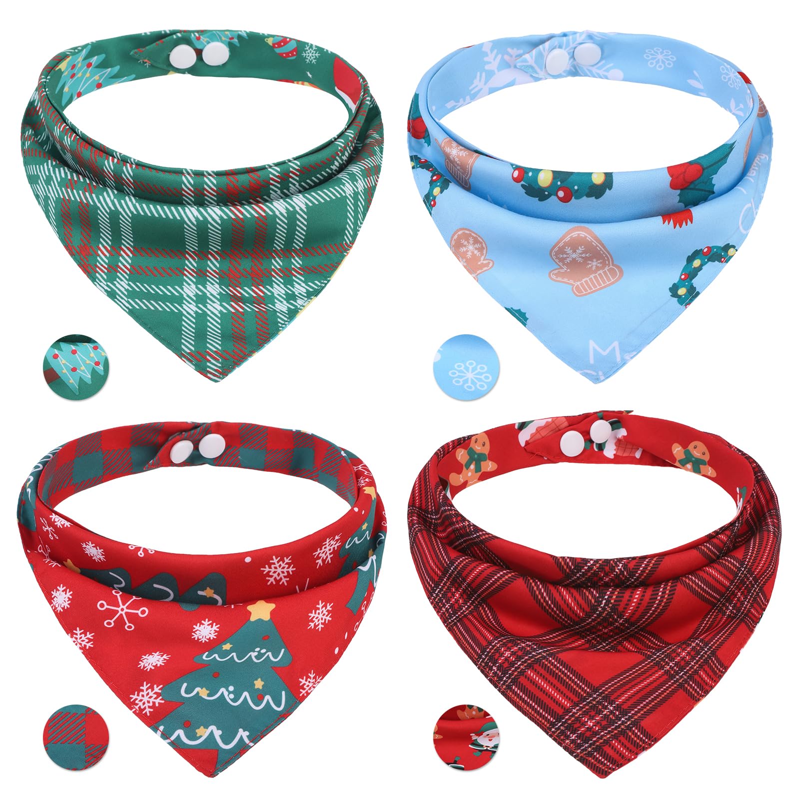 PAWCHIE Christmas Dog Bandanas 4 Pack, Reversible Dog Party Triangle Scarf Bibs, Pet Holiday Costume with Adjustable Snaps,Multiple Christmas-Themed Patterns for Small Medium Dogs Puppy, Cats,Pets,L