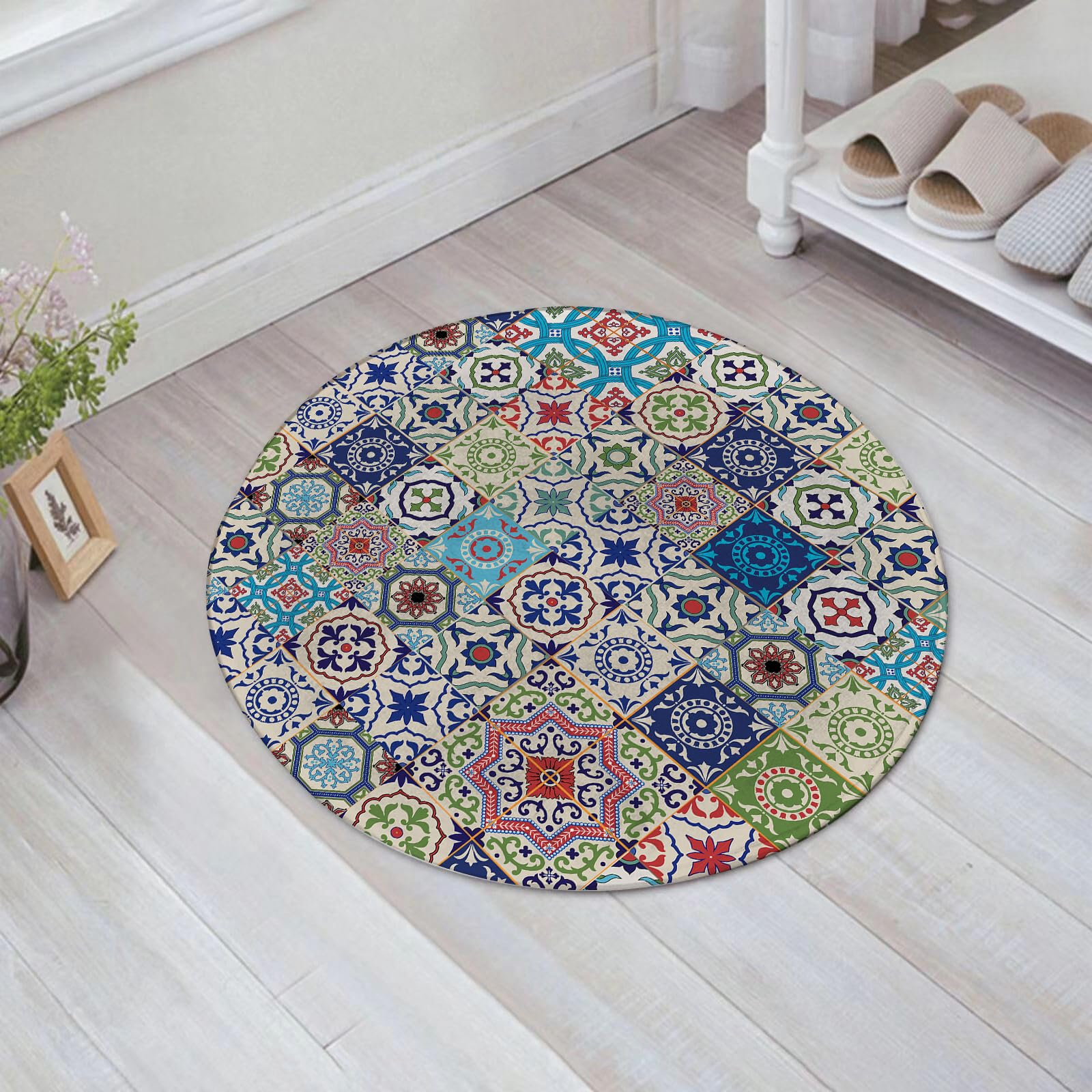 EMFSLA Bath Mat 24x24 in,Mosaic Theme Mosaic Ceramic View Moroccan Tile Tradi Actions,Non-Slip Bathroom Mat Machine-Washable,Ultra Soft and Water Absorbent Bath Rug for Bathroom