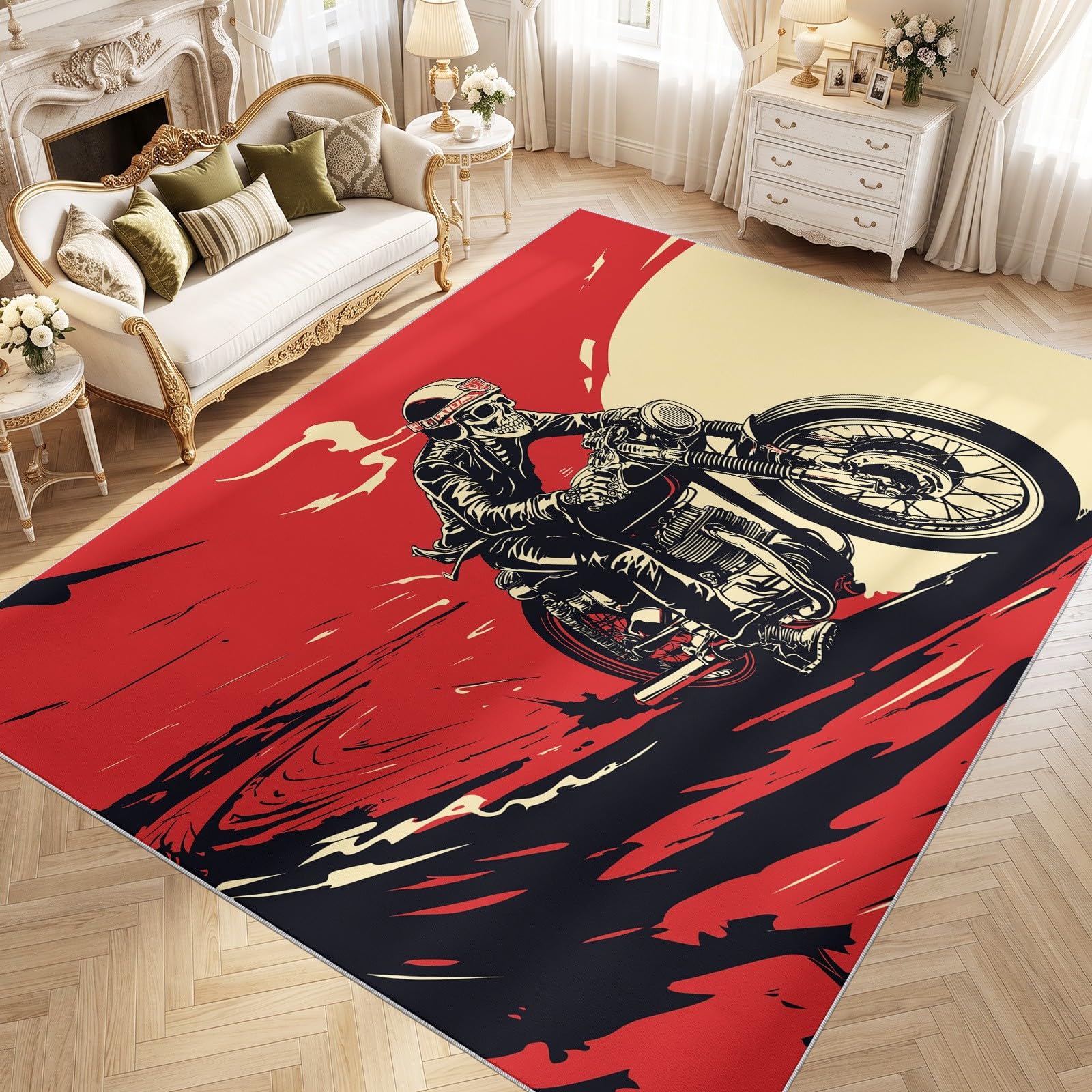 Generisch Nadający się do prania dywan, komiks, motocykl, 120 x 160 cm, dynamiczny trupia czaszka, motocykl, do salonu, miękki, antypoślizgowy, z krótkim włosiem, do sypialni, jadalni