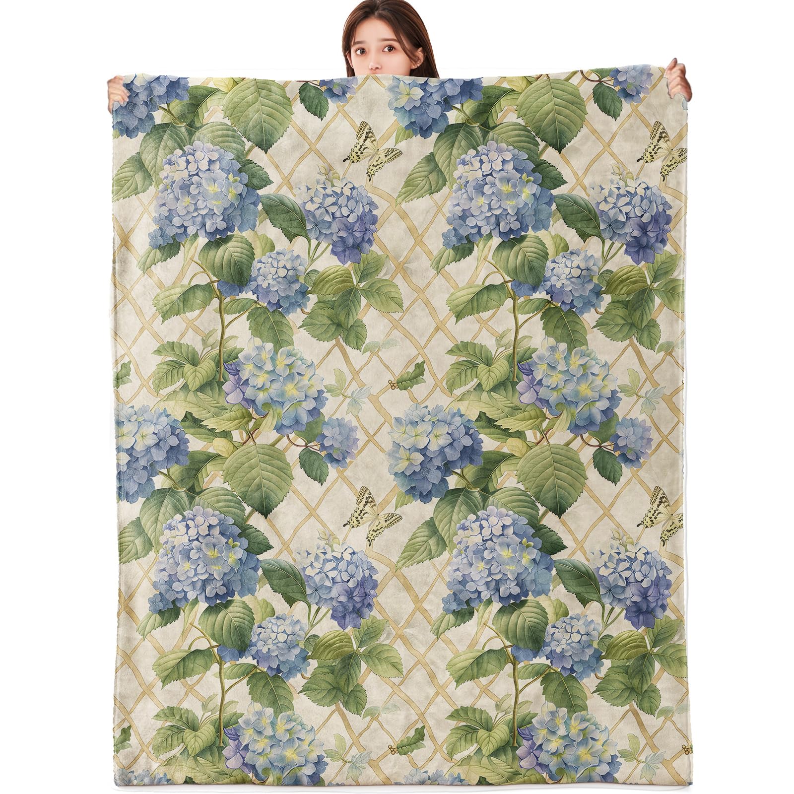 vnlvnl Hydrangea Garden Blanket Lightweight Flannel Blankets Gifts for Adults with Blue Flower Vines Butterfly and Trellis Printed Throw for Couch