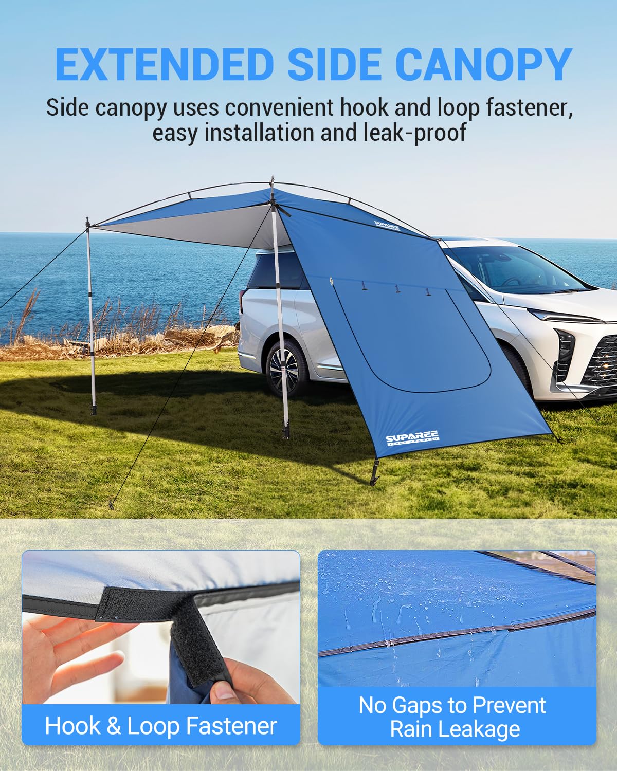 SUPAREE Markise für Auto Camping Auto Markise Sonnensegel Sonnensegel für SUV mit Seitenwänden und Fliegengitter Fenster 210D Oxford UV-Schutz Wasserdicht für Wohnmobil Van Wrangler
