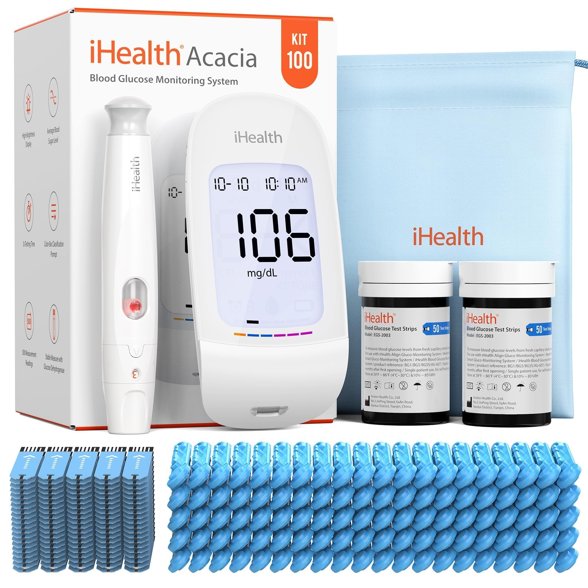 iHealth Acacia Blood Glucose Monitor Kit, 100 Glucometer Strips, 100 Lancets, 1 Blood Sugar Monitor, 1 Lancing Device, 1 Travel Bag, No Coding, Portable Blood Sugar Testing Kit, Diabetes Testing