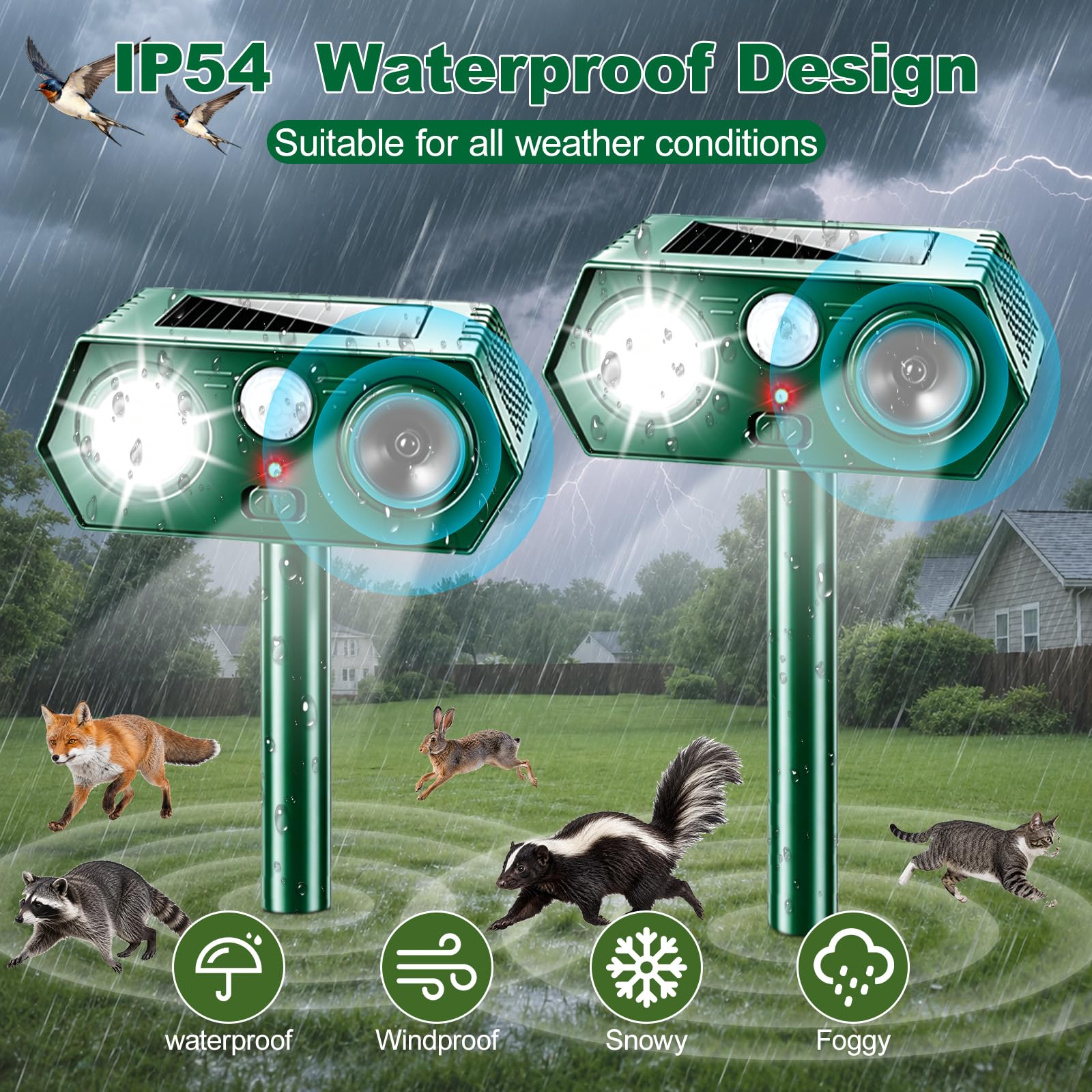 2 Pièces Repulsif Chat Exterieur, Solaire Répulsif Chat Ultrason avec Flash LED et 120° PIR Détecteur de Mouvement,IP54 Imperméable Ultra Son Anti Chats Chiens Renards Rongeurs