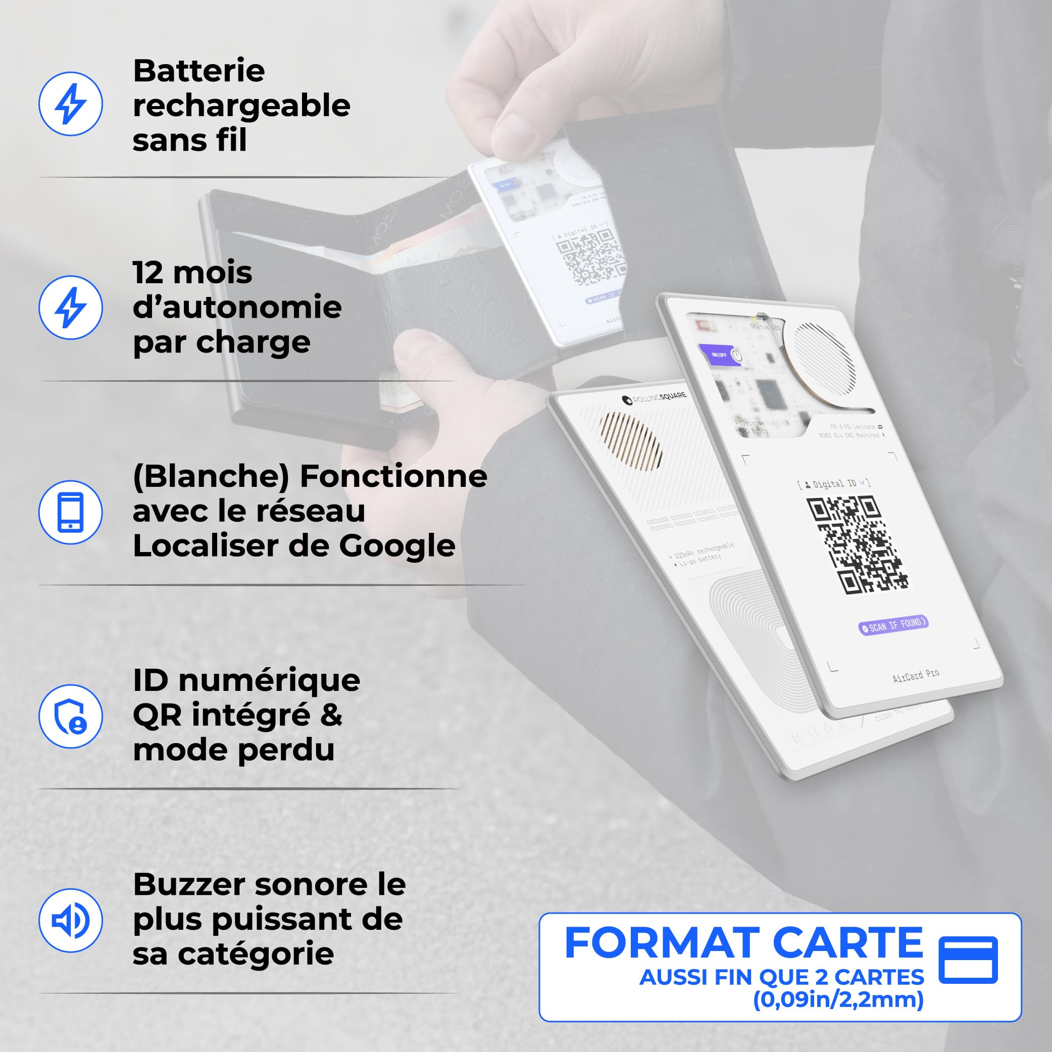 Rolling Square AirCard Pro - Tracker Card Bluetooth UltraMince, Traceur Tag Carte Compatible avec Android Google Find Hub, Charge Wireless, Traqueur Localisateur avec Digital ID, Gadget High Tech