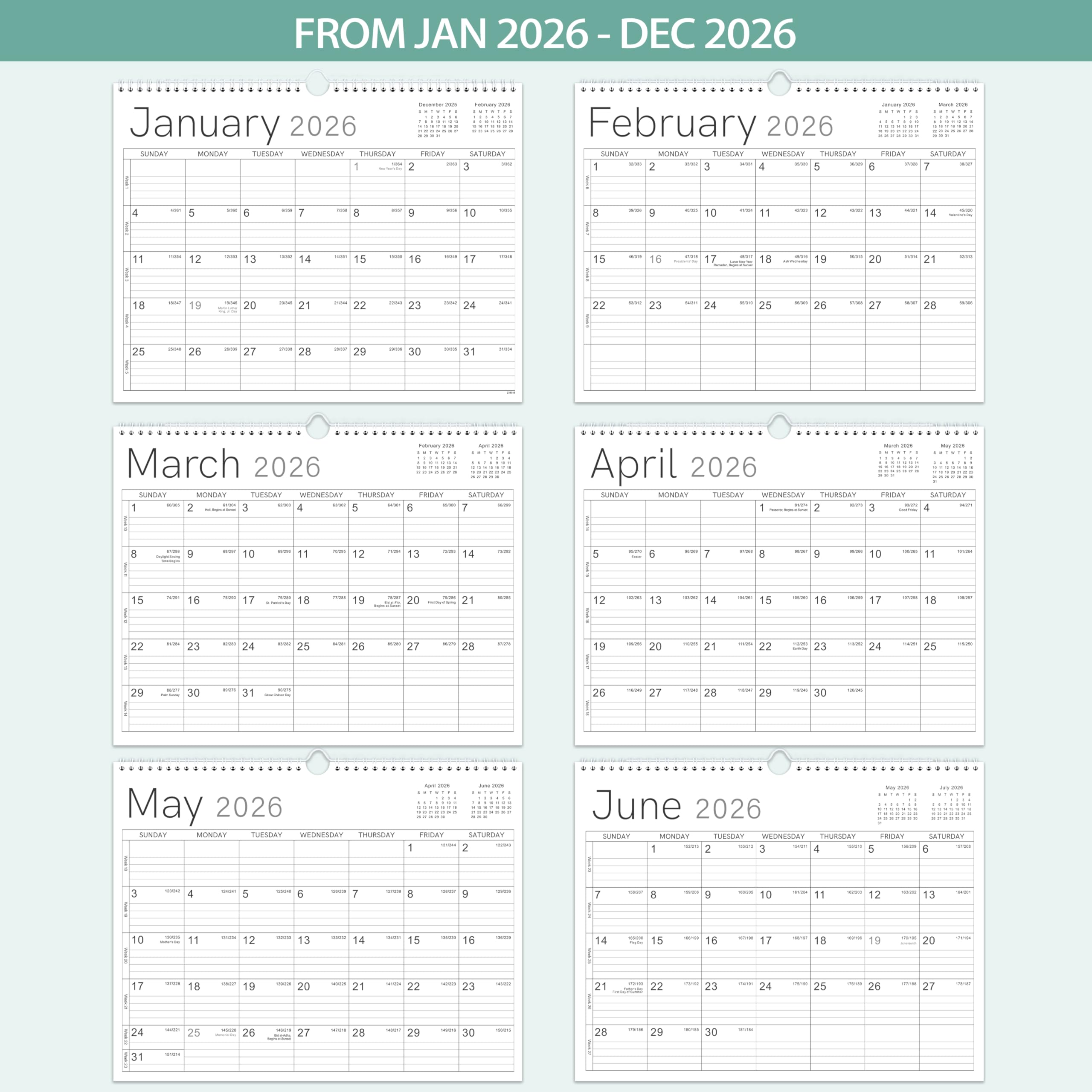 Wandkalender 2026 - Kalender 2026 von Jan. 2026 - Dez. 2026, 37,1 x 29,0 cm, 12 Monate Wandkalender 2026, dickes Papier, Doppeldrahtbindung, schlichtes Design