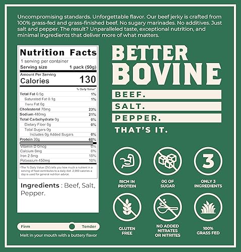 Miniatura 2 de BETTER BOVINE Carne seca extra magra alimentada con hierba, keto, paleo, baja en carbohidratos, alta proteína, sin gluten, sin azúcar, sin OMG, sin