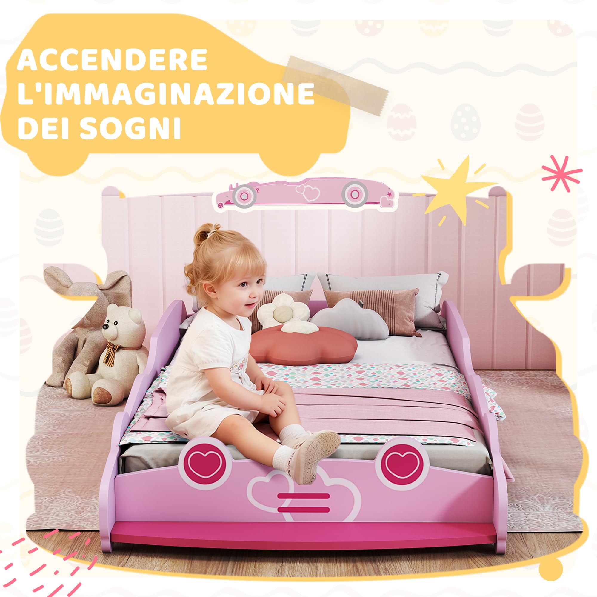 AIYAPLAY Letto per Bambini a Forma di Macchina, Lettino per Bambini da 3-5 Anni con Sponde Rialzate di Sicurezza, 140x70 cm, Rosa