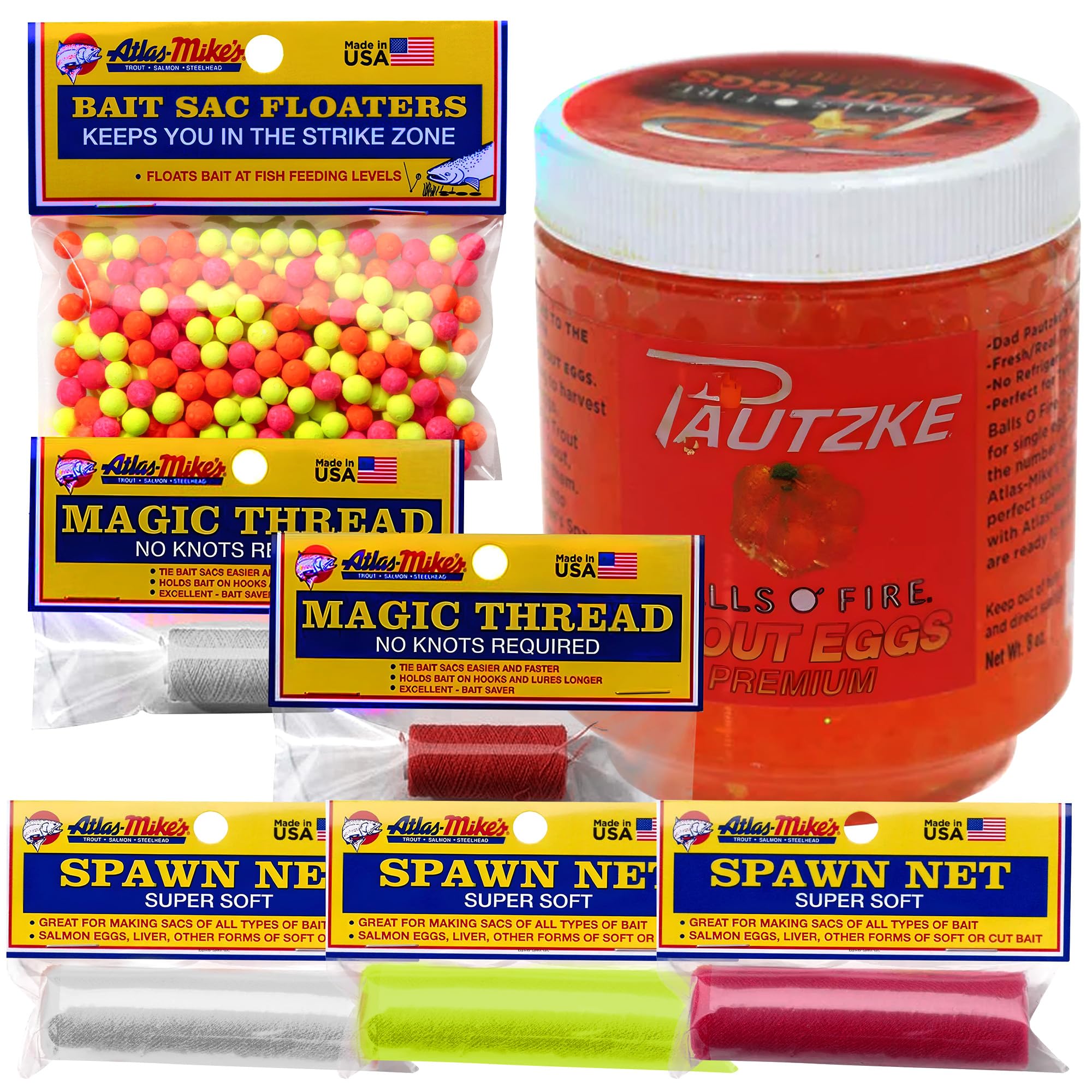 Lurwind Salmon Trout Fishing Build Your Own Spawn Sac Kit Bundle - Includes Atlas Mike's Magic Thread, Assorted Bait Sac Floaters, and Natural Trout Eggs - Includes I'd Rather Be Fishing Sticker