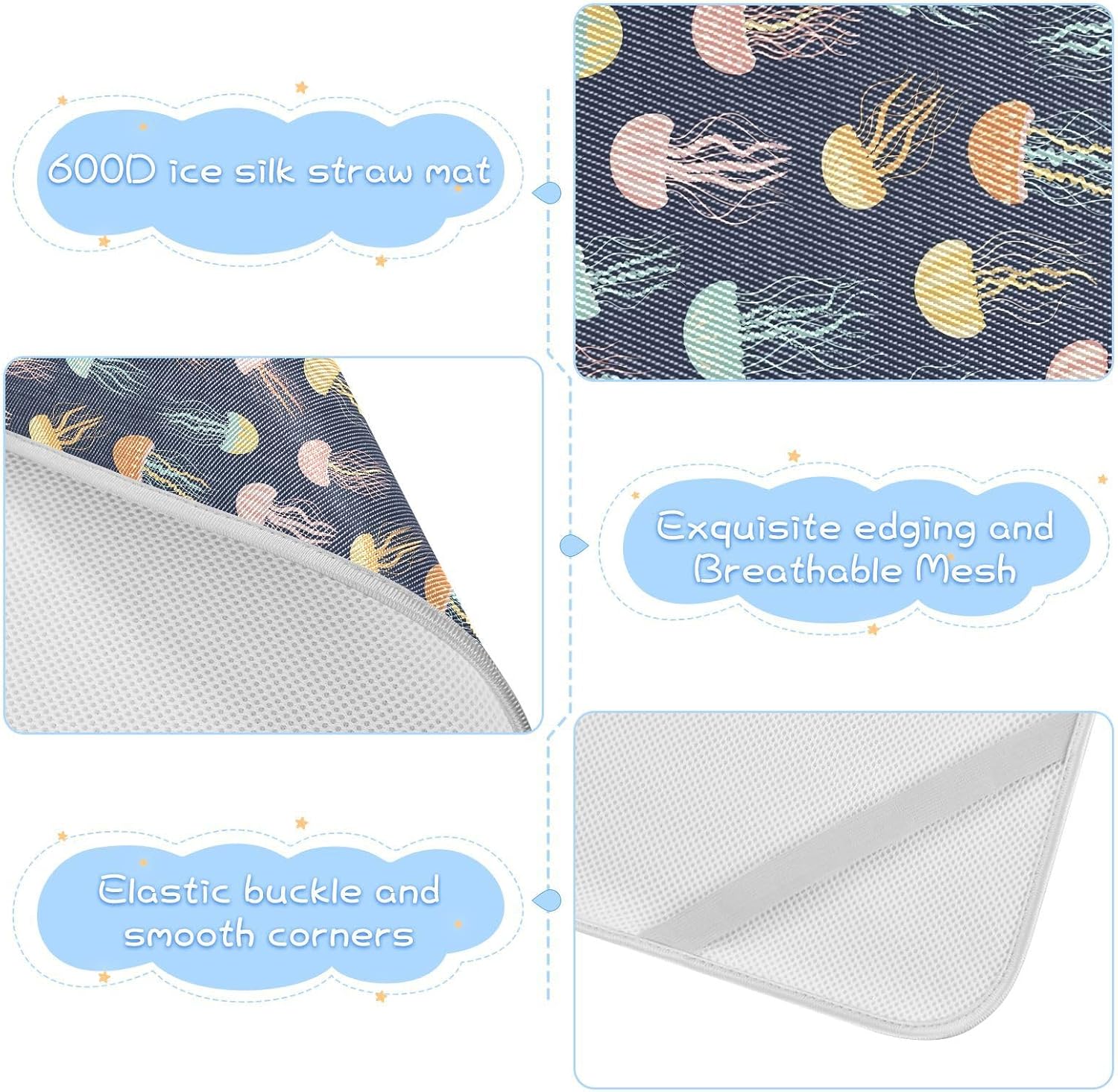 Baby Cooling Mat Jellyfish Pattern Ice Silk Breathable Mesh Summer Crib Mattress Pad with Pillowcase, Soft Cooling Sleeping Surface for Infant & Toddler, 52"x28"