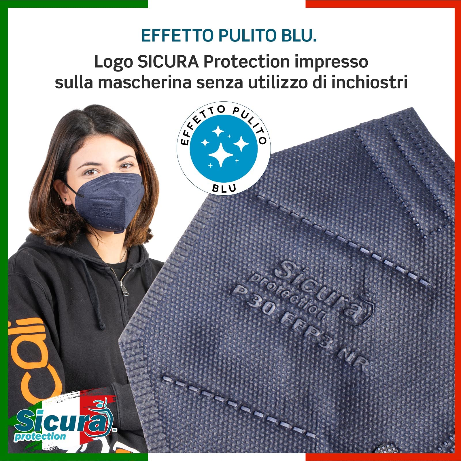 50 Mascherine FFP3 Certificate CE BLU elastici Neri Made in Italy logo SICURA impresso PFE ≥99% | BFE ≥99% Mascherina ffp3 SANIFICATA e sigillata singolarmente