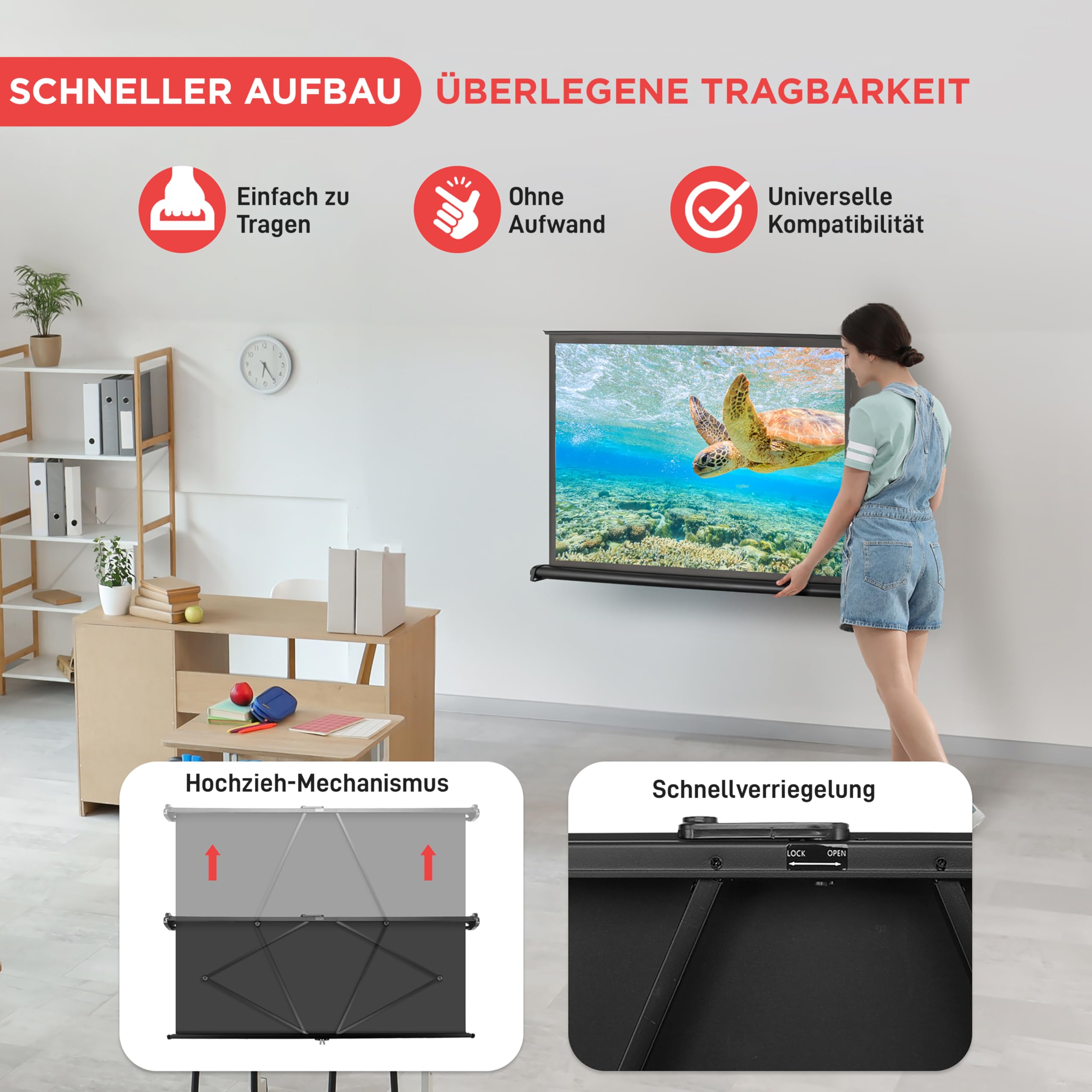Pyle Beamer Rollo- Leinwand, 40 Zoll 91x68cm, 4:3 4K Projektorleinwand Ausziehbar & Tragbar mit Schwarzem Rahmen, Ideal für Heimkino, Büro, Präsentationen, Schule