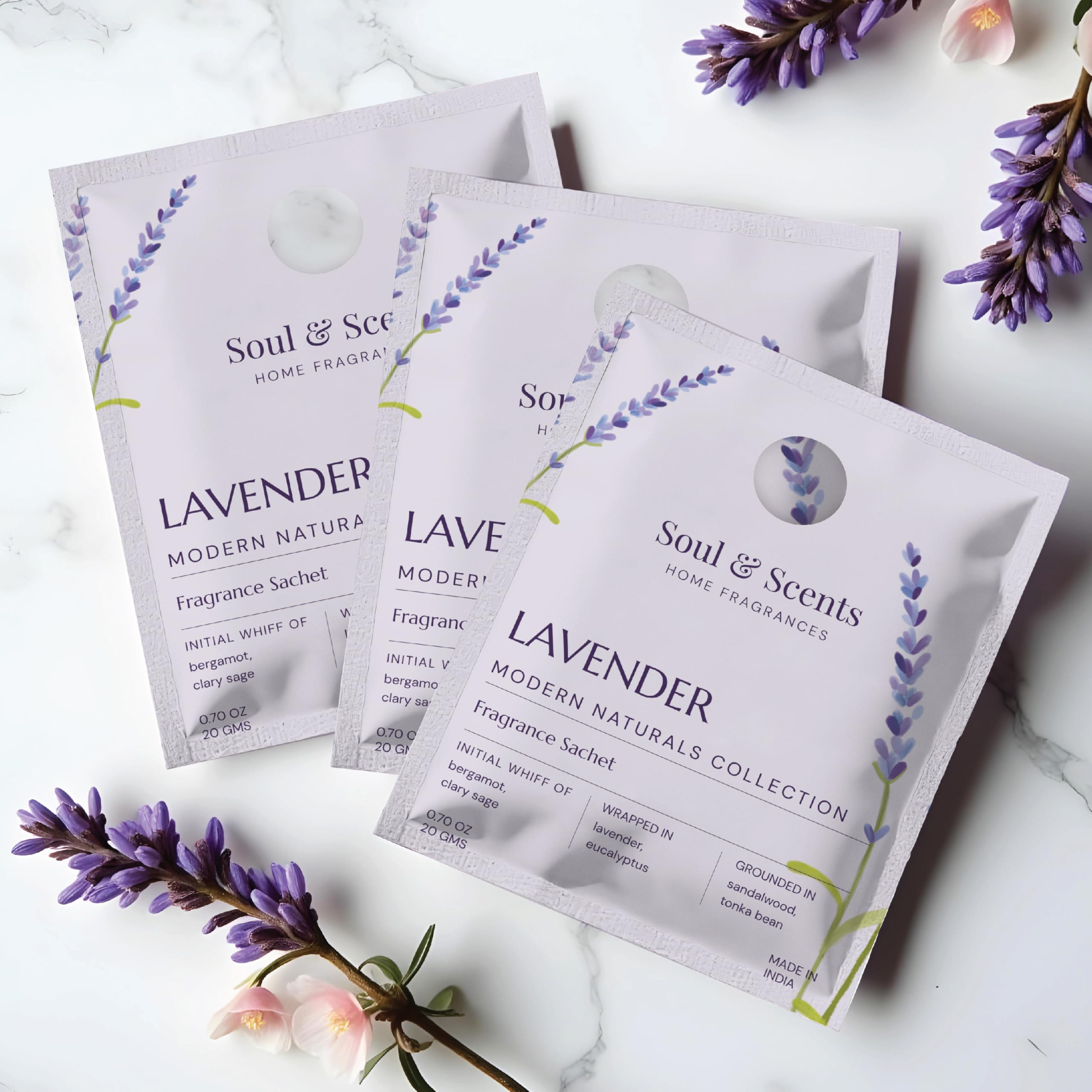 Soul & Scents Lavender Bliss Fragrance Sachet | Blend of Rosemary and Vanilla | Versatile Air Freshener for Car, Wardrobe, Kitchen, and Travel Bag | Pack of 3-20gm Each 1