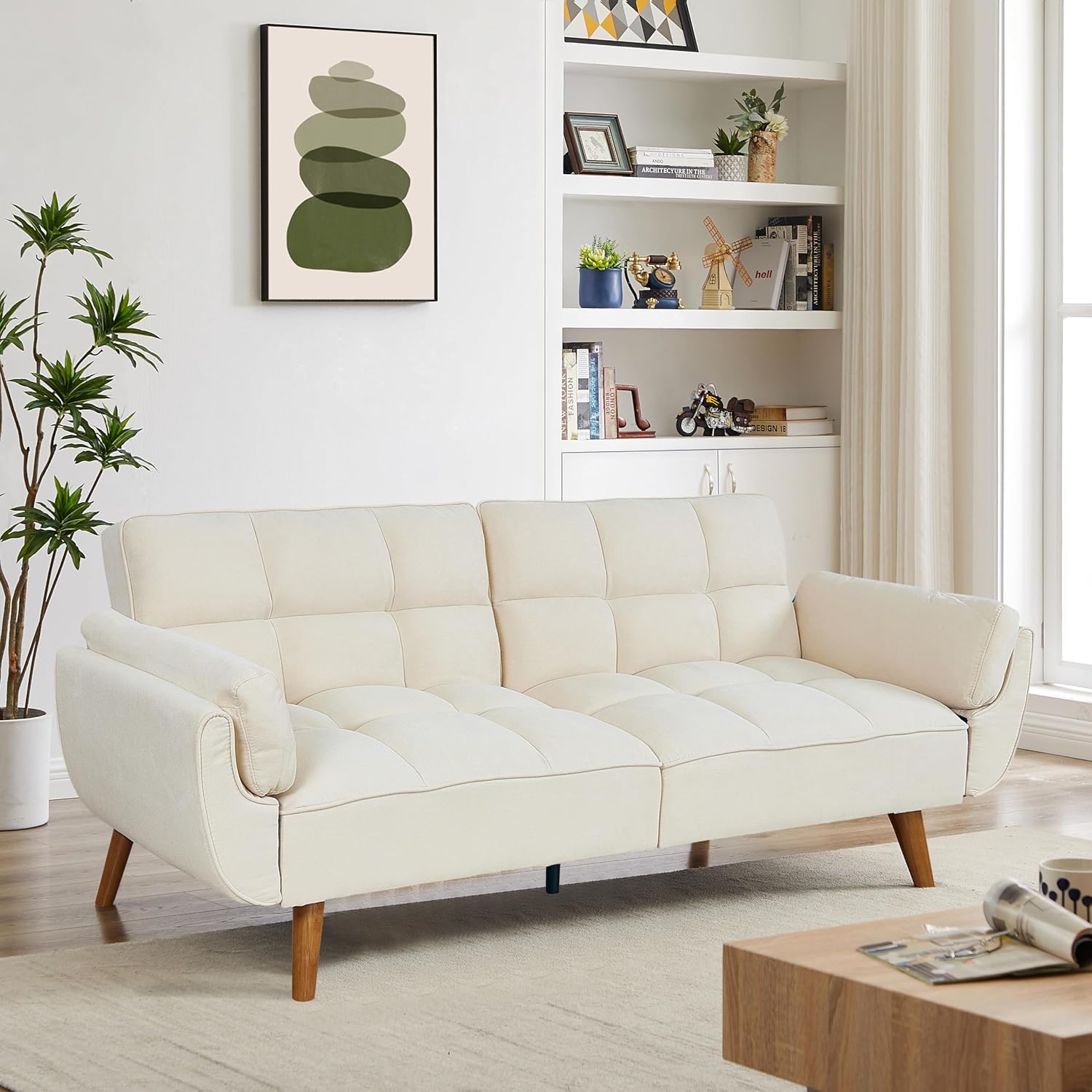 Betoko Convertible Futon Sofa Bed Sleeper Twin Size, Modern Reclining Linen Split Back Sofa Couch with Pillow Top Arm for Compact Living Room,Apartment (Beige)