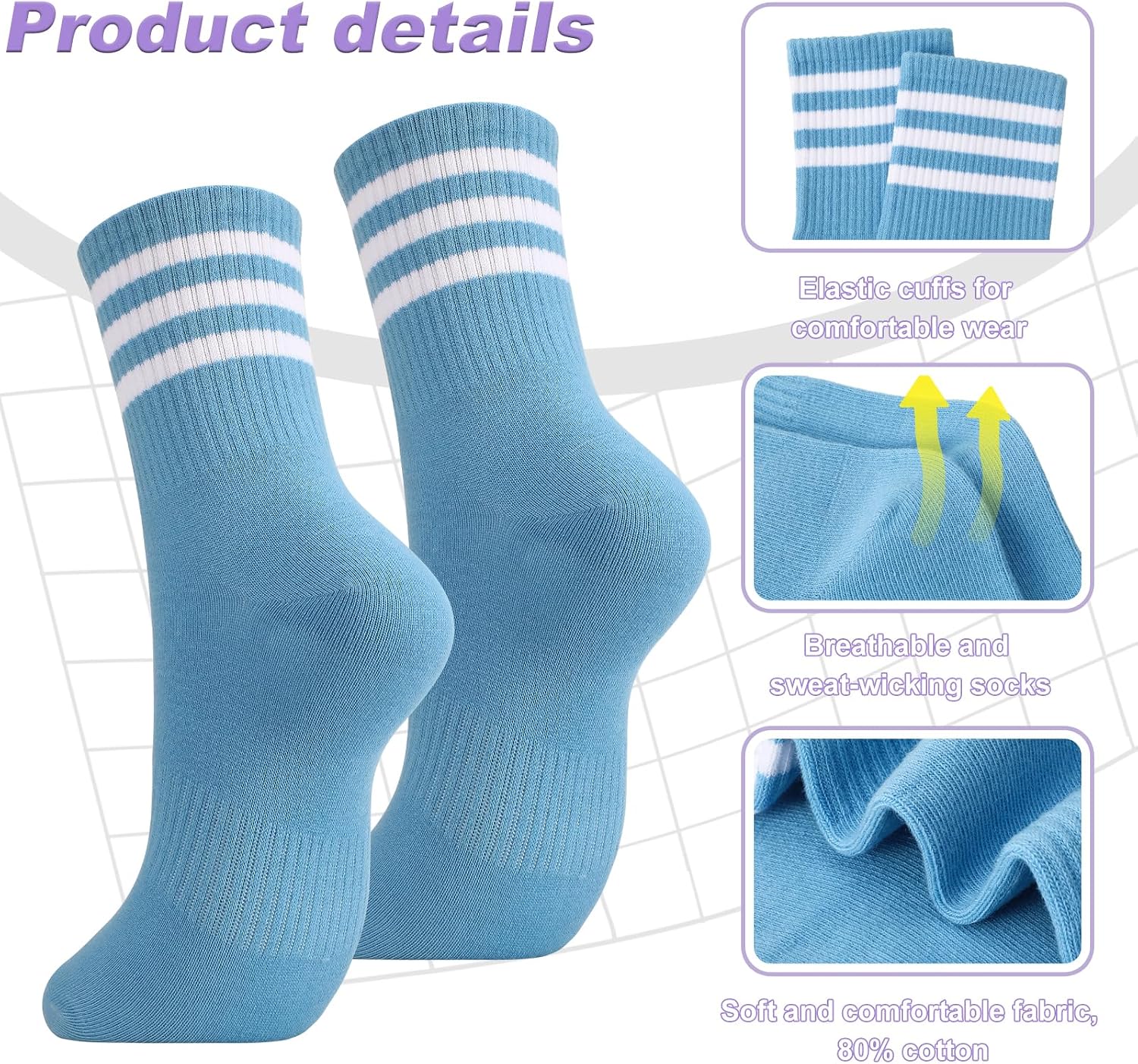 6 Pairs Striped Athletic Socks for Women, Cotton Sports Running Crew Socks Retro Breathable Casual Sock for Work School Gym Running Cycling Walking