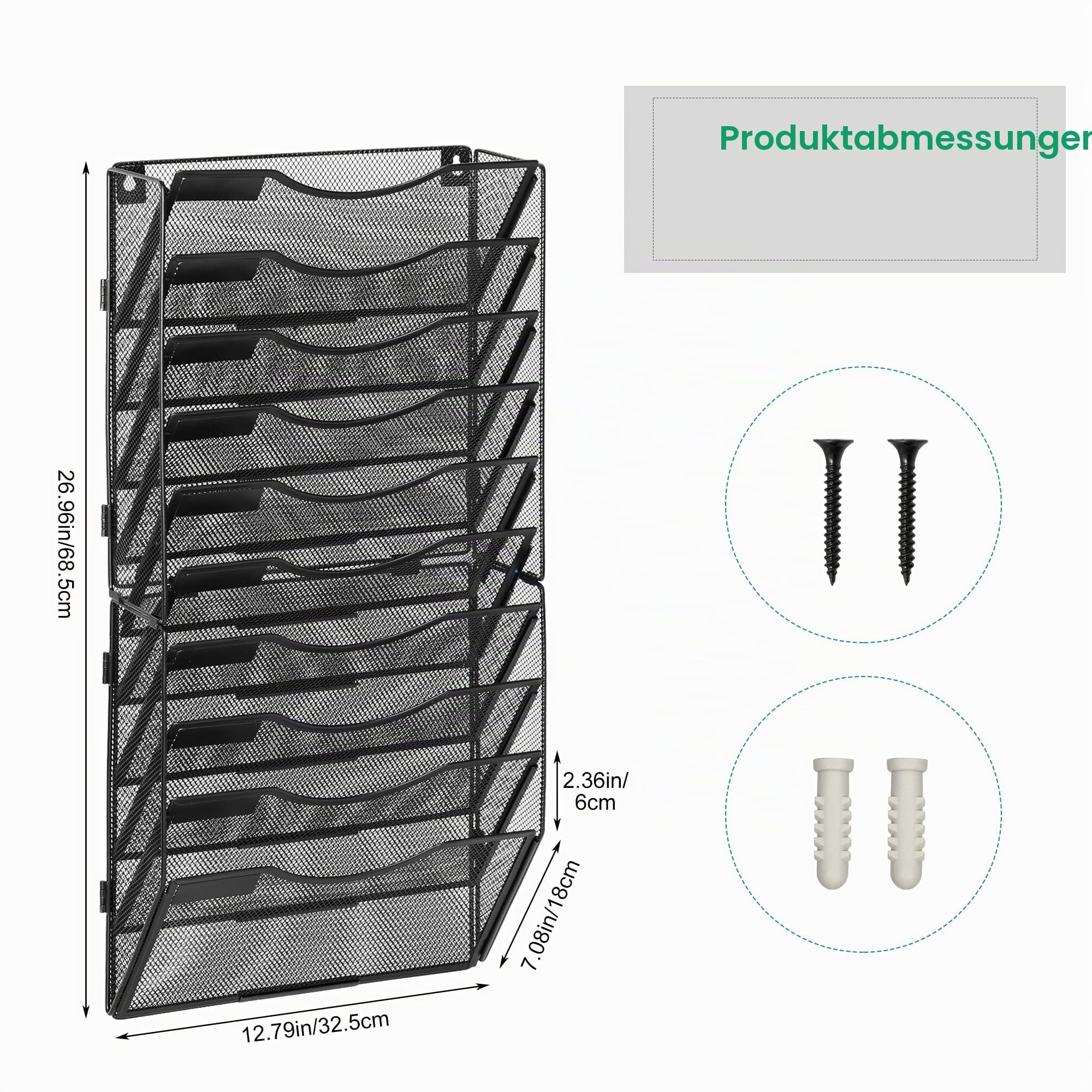 TQVAI Dokumenten Organizer 10 Fächer Metall Zeitschriftenhalter Wand A4 Papier Flyerhalter Postsortierer Dokumentenablage für Büro Zuhause Schule, Schwarz