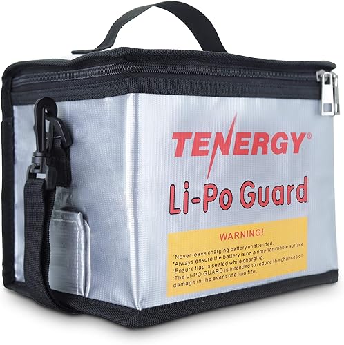 Tenergy Bolsa con cremallera Lipo ignífuga, con correa de hombro desmontable, bolsa de batería para carga y almacenamiento, 8.5 x 6.5 x 5.7 pulgadas