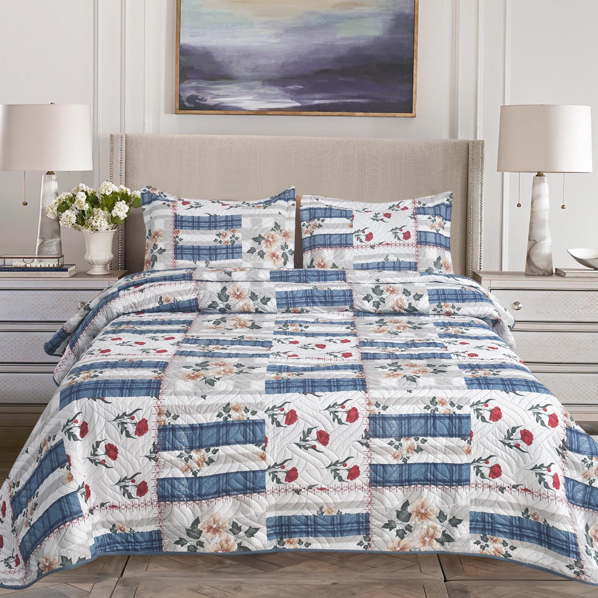 BOSKI LONDON 3 Piece Quilted Patchwork Bedspread with 2 Shams | Reversible Floral King Size & Double | Lightweight Microfiber Quilt | 220x240cm (Floral Charm)