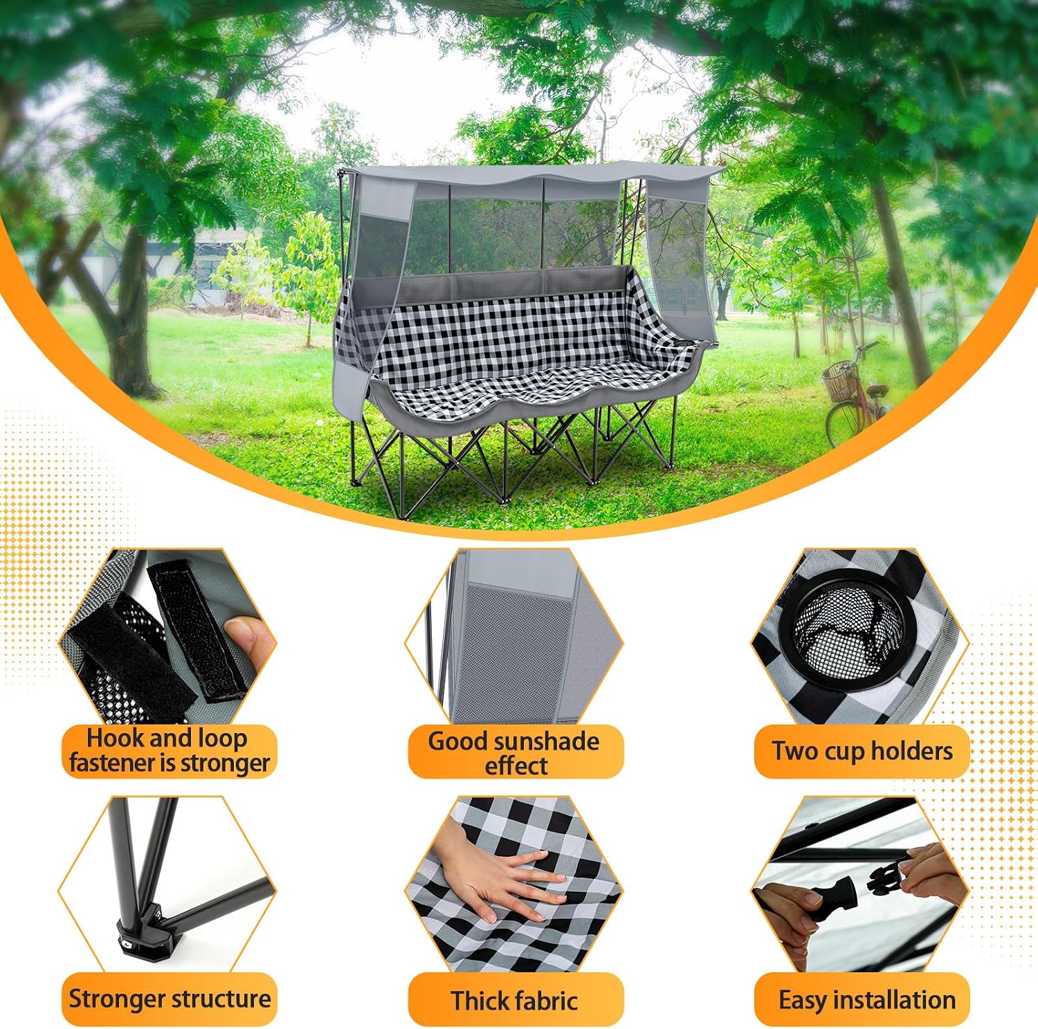 Teenyyou 3 Person Camping Chair with Canopy – Ultimate UV Sun Protection, 700lbs Heavy Duty Oversized Beach Chair, Foldable Portable Sofa with Cup Holder & Storage for Beach Lawn Outdoor(Gray)