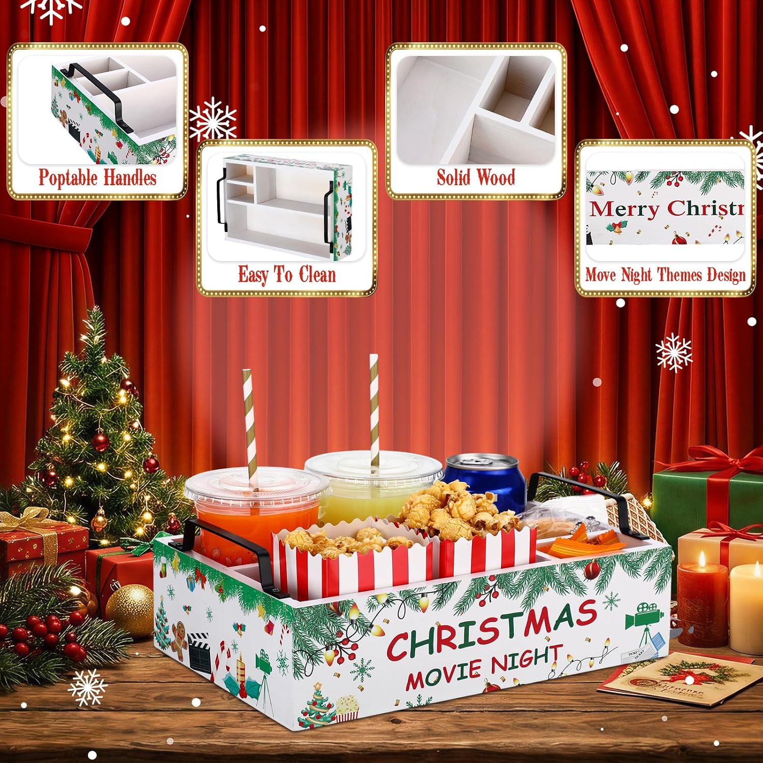 Yookeer Christmas Movie Night Snack Trays Wood Christmas Supplies Theater Tray with Handles Reusable Wooden Gift Basket for Countertop Storage Drink Food Party Xmas Supplies
