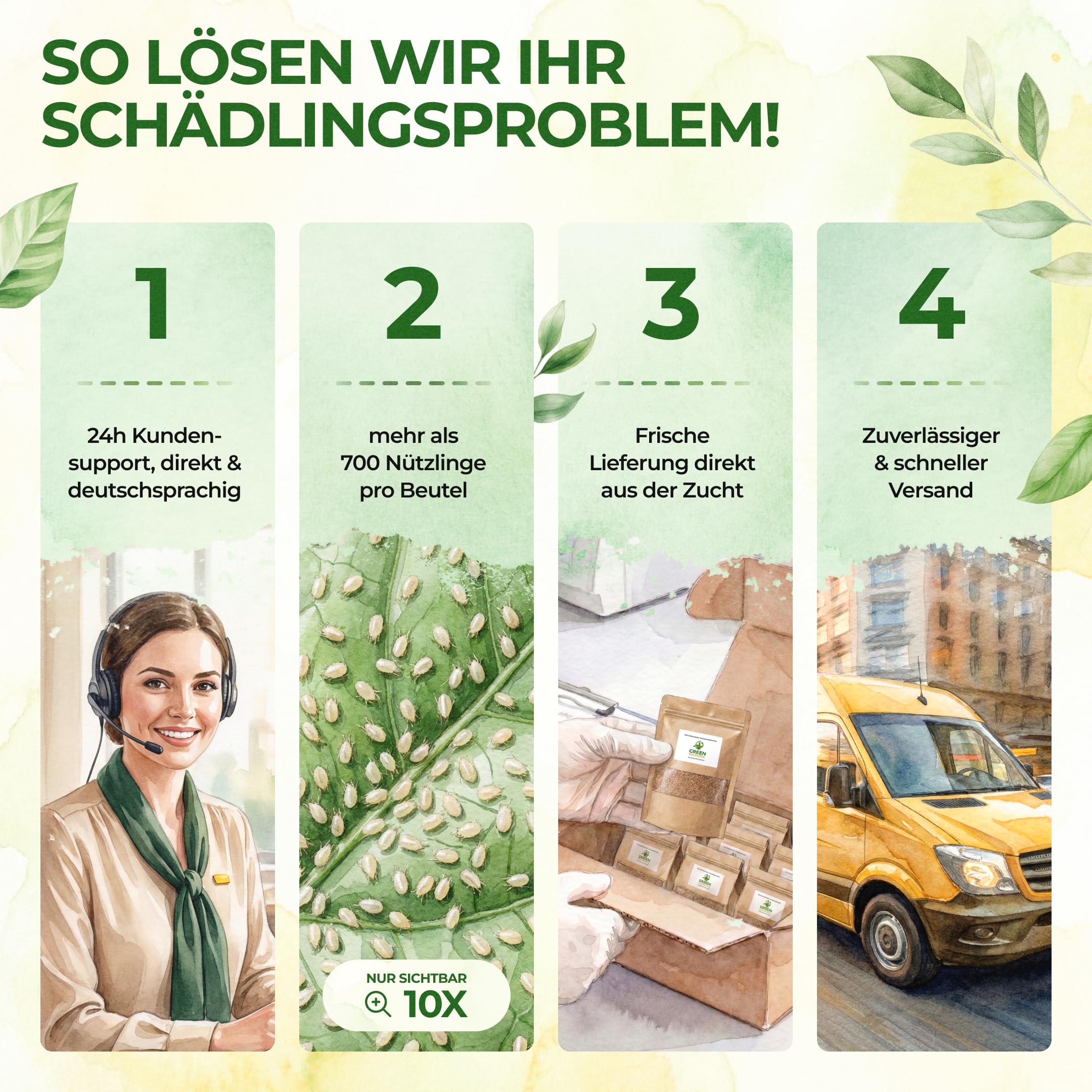 GREEN GUARDIA Power - Mezcla de ácaros depredadores, 3 mezclas, con 6 bolsas contra trips y ácaros, eficaz control biológico de plagas para hasta 30 m²