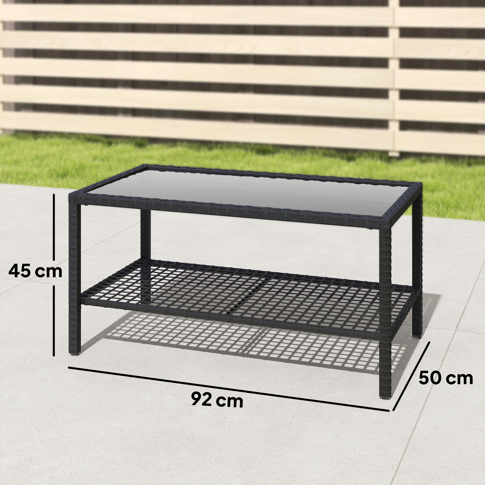Outsunny Mesa de Jardín de Ratán, Mesita Auxiliar con Estante, Tablero de Vidrio Templado, Estructura de Acero, para Terraza, Patio, Balcón, 92x50x45 cm, Negro