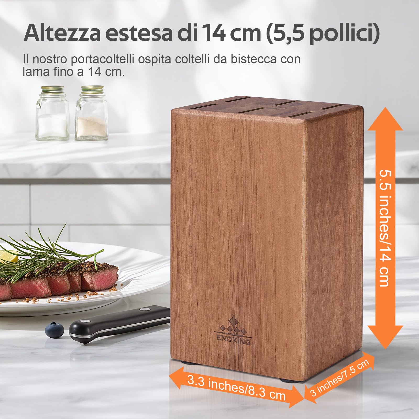 ENOKING Ceppo Coltelli da Cucina, Porta Coltelli Cucina da Bistecca a 6 Scomparti, Portacoltelli da Cucina in Legno di Acacia, Ceppo per Coltelli Bistecca Vuoto - Design Compatto e Salvaspazio
