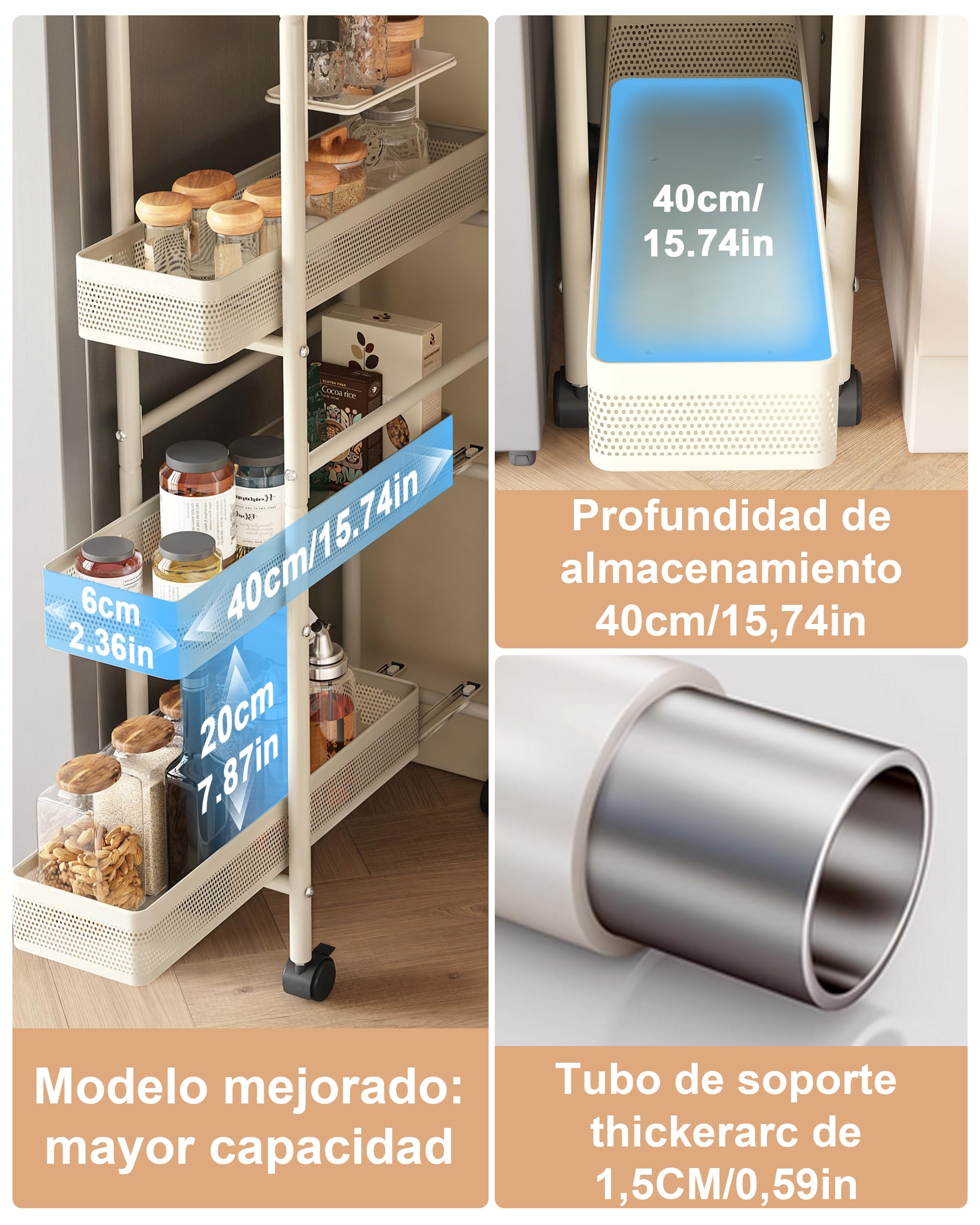 UMDONX Carrito Cocina Estrecho de Metal,Carrito Auxiliar con Ruedas con Cajones Extraíbles, Carrito de Servicio de 4 Niveles para Espacios Pequeños Baño Lavadero, Blanco