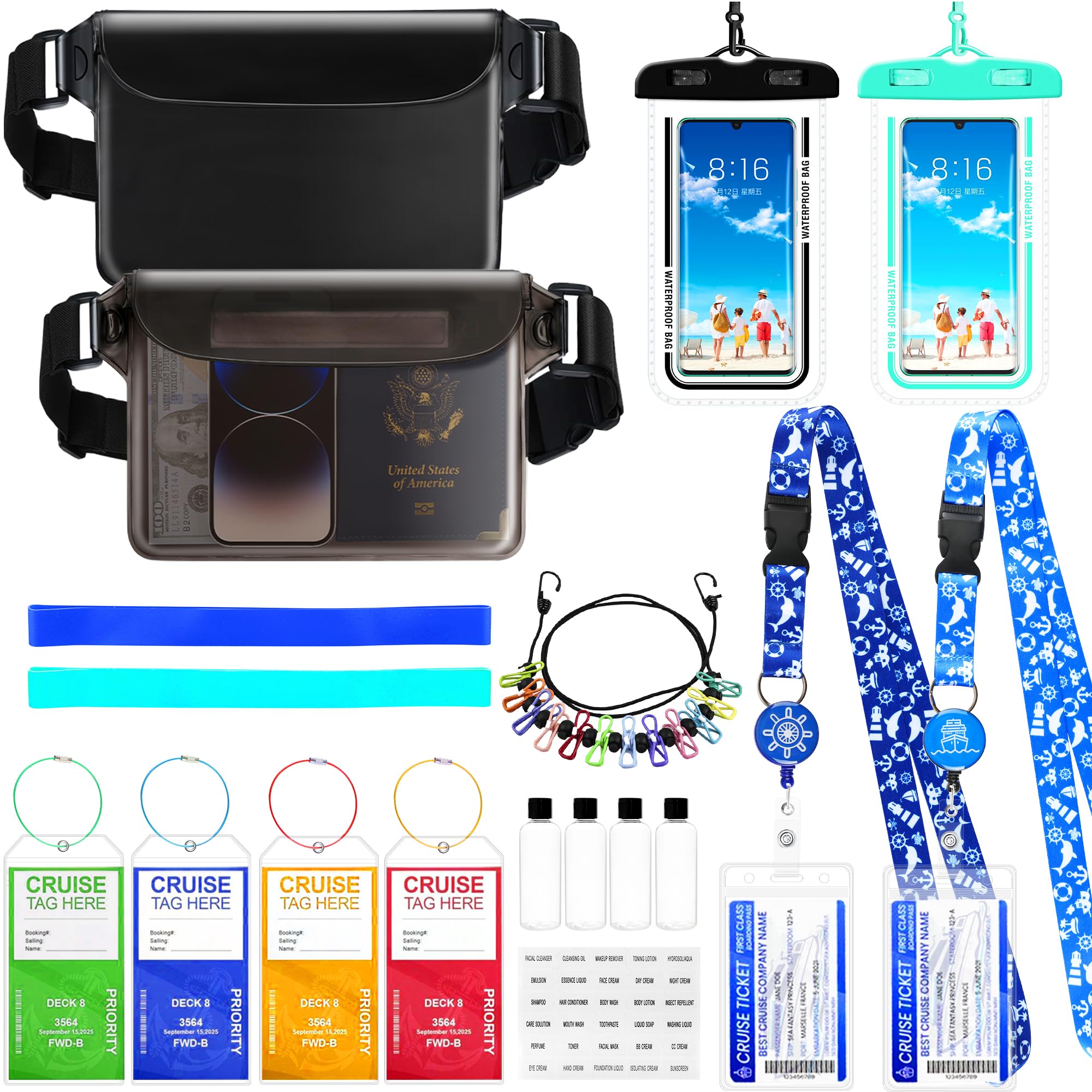 20 PCS Cruise Essentials Set Cruise Lanyards with Ship Card Holders, Waterproof Fanny Pack and Phone Pouch, Cruise Luggage Tag Holders, Towel Bands