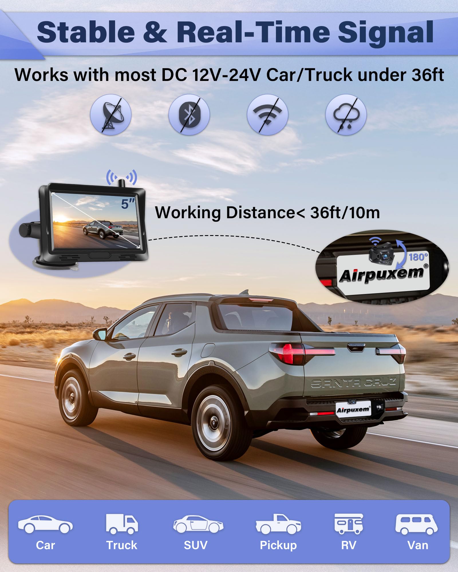 Segnale Stabile Retrocamera Auto Wireless AHD 1080P Telecamera Posteriore Senza Fili con 5'' Monitor con Telecamera Retromarcia Wireless Nessuna Foratura DIY Linea Guida per DC 12V Auto SUV Camion