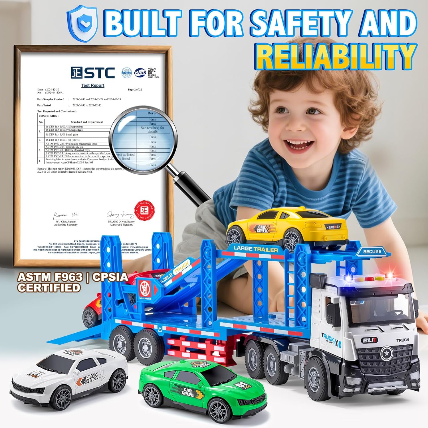 Car Carrier Truck Toy for Kids, Transporter Truck with 4 Racing Cars, Semi Toy with Openable Doors & Lights & Sounds, Birthday Gifts for Age 3 4 5 6+ Years Old Boys Girls 22"