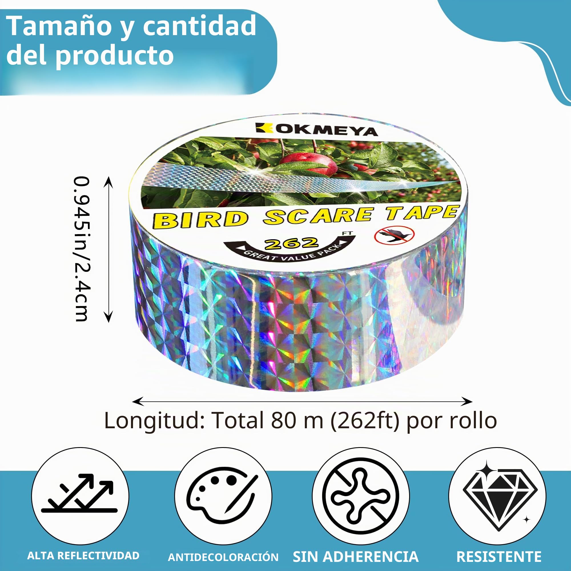 Cintas para Espantar Pájaros 80 m de Cinta Reflejante para Aves, Dispositivo para Asustar Pájaros Cinta de Doble Cara para Asustar a los Pájaros para Casa, Jardín, Patio, Huerto, Exterior