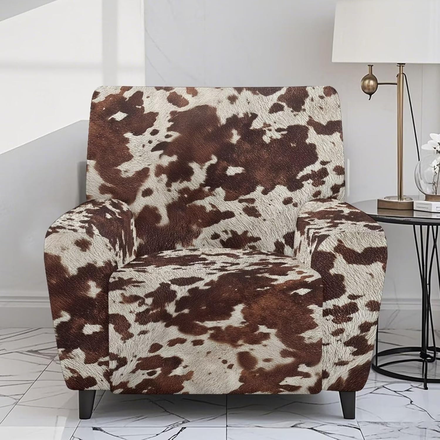 Cow Print Recliner Chair Covers Western Cow Spots Lazyboy Recliners Protector Cover Stretch, Western Small Recliner Slipcover with Storage Pockets Black