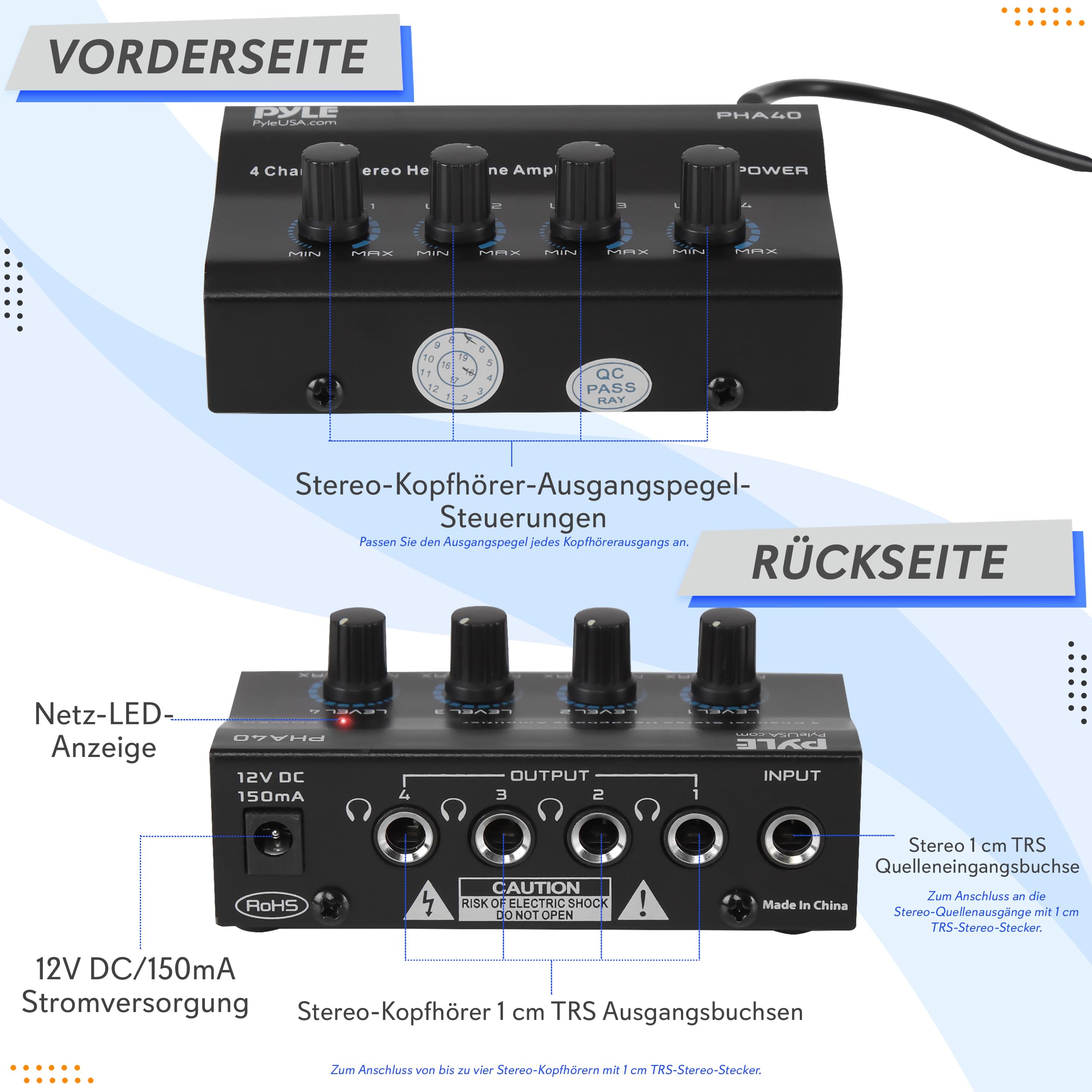 Pyle 4-Kanal Kopfhörerverstärker – Kompakter Kopfhörer-Amp mit 4 Ausgängen und individueller Lautstärkeregelung, ideal für Studio, Podcast und DJ, inkl. Netzteil