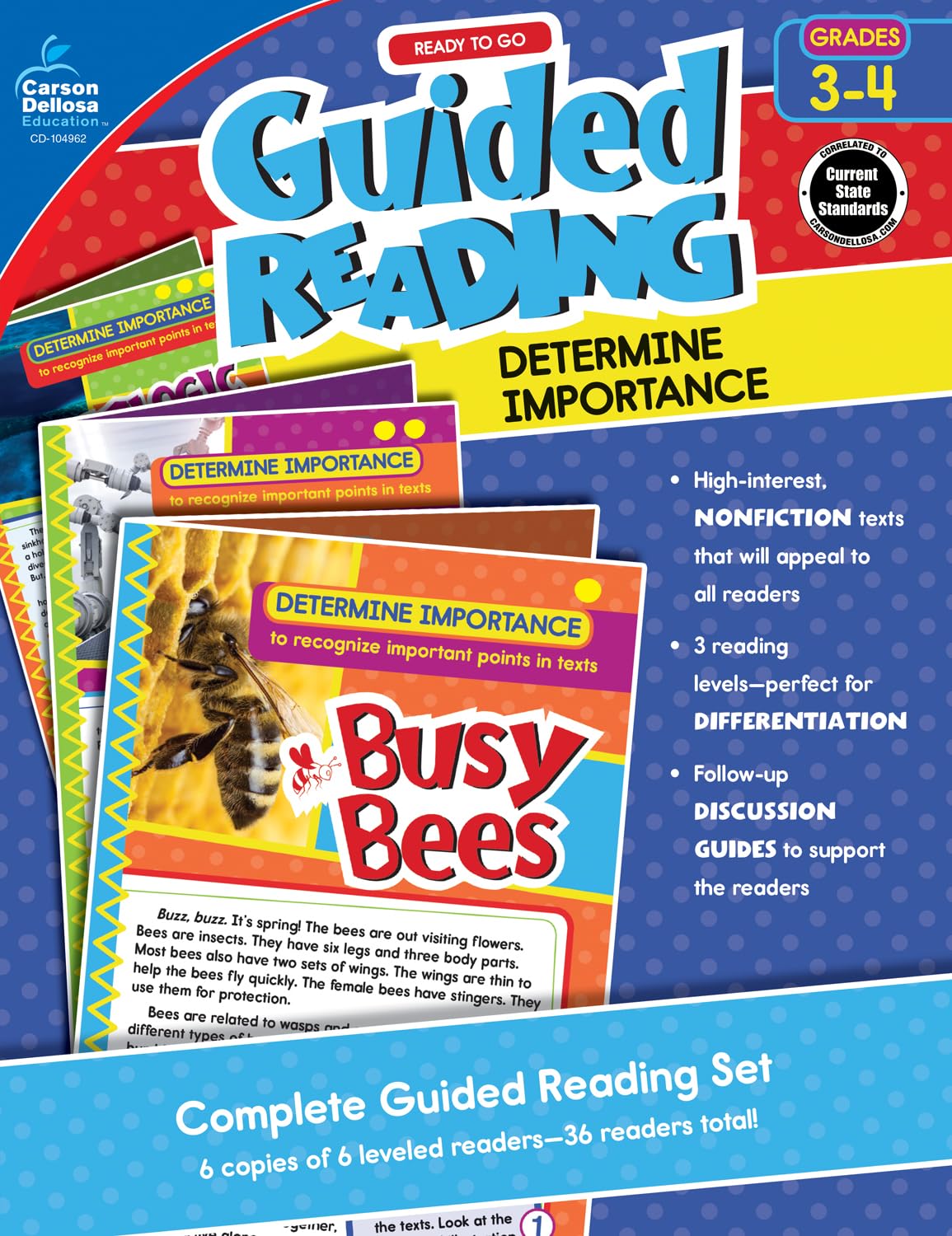 Carson Dellosa Ready to Go: Determine Importance Guided Reading Set, Grades 3-4 Resource Book With 36 Nonfiction Leveled Readers, Discussion Guides, Prompts, and More