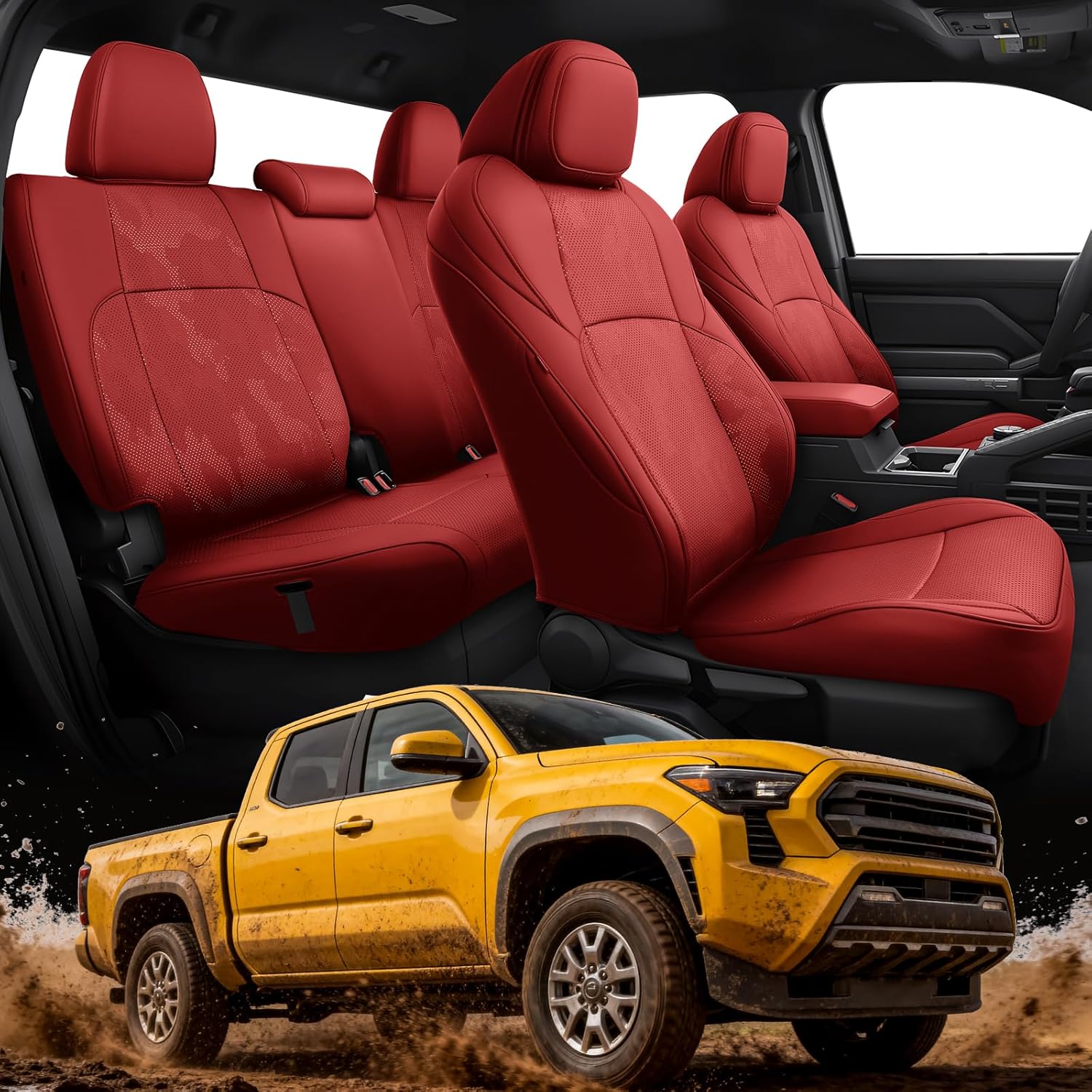 TAPTES Car Seat Covers Custom Fit for Toyota Tacoma 2026 2025 2024, Double Cab Crew Full Set Leather Waterproof Trucks Coverage Pickup Accessories SR SR5 TRD Limited, Camo (Red)