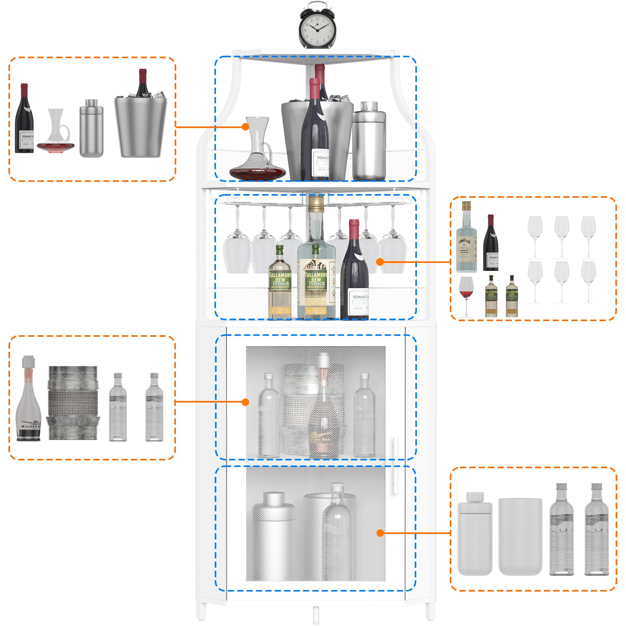 Eck-Weinschrank – Industrieller Eck-Hausbar | 5-Fach Abschließbares Weinregal Mit Glasablage & LED-Beleuchtung | Verstellbare Einlegeböden, Metallgestell & Gittertür | Küche/Wohnzimmer/Bar