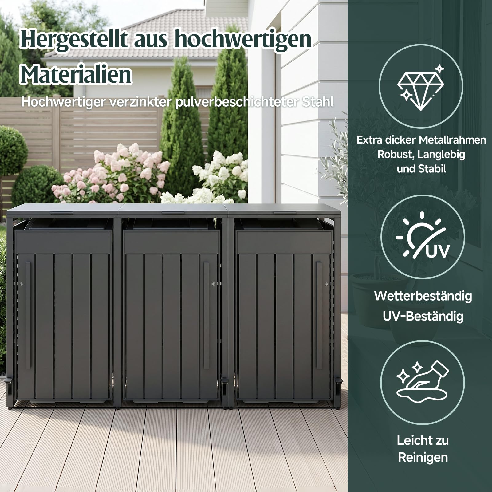 OMERAI Premium Mülltonnenbox 3er 240L mit Fußpedal - Anthrazit Verzinkter Stahl - Automatikdeckel mit Softclose & Schloss - Mülltonnenverkleidung wetterfest & UV-beständig Gerätebox - erweiterbar