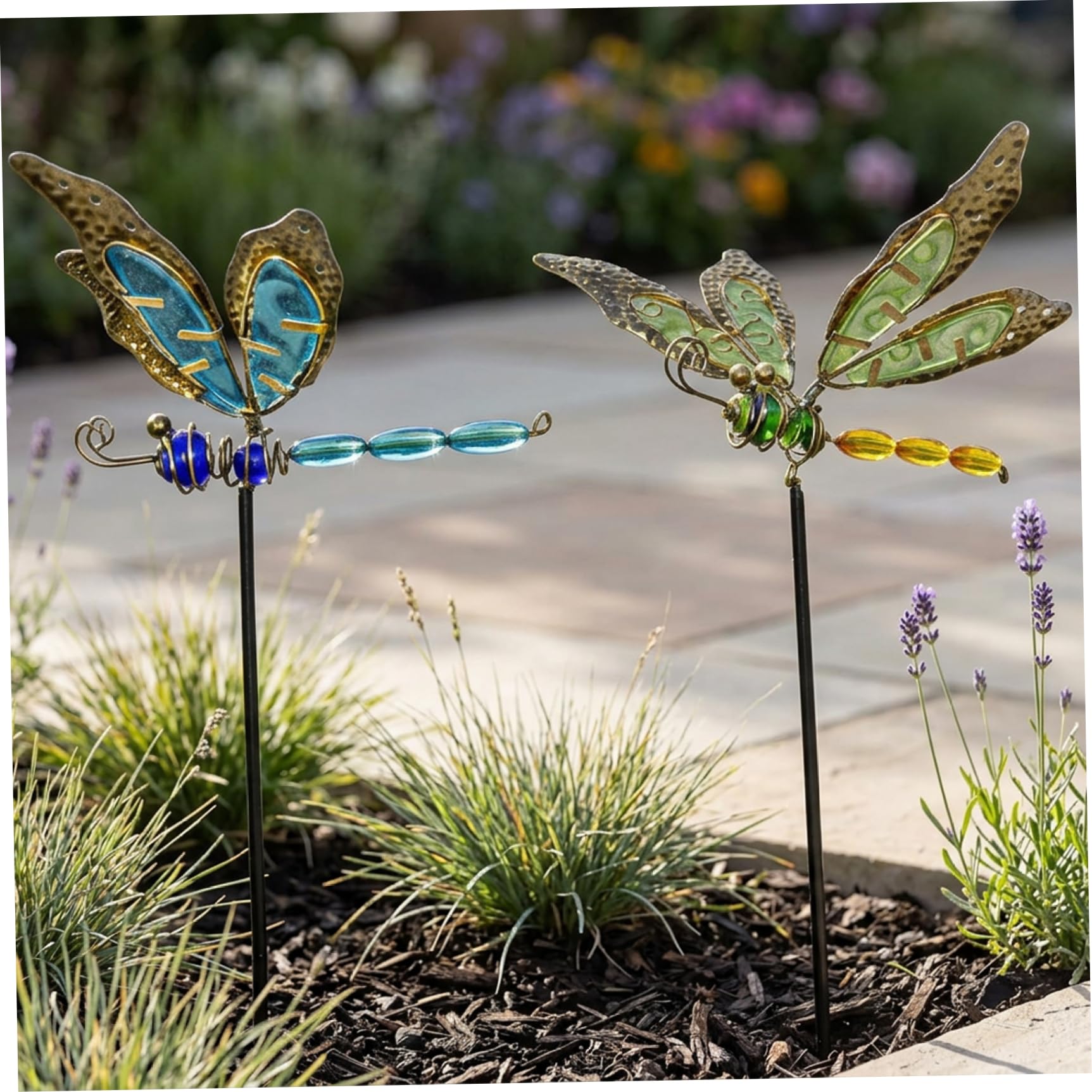 Ameble Green+Blue 2Pcs Vibrant Dragonfly Decor Luminous Whirling Garden Stakes Decorative, Outdoor Yard Ornaments For Flower Beds, Patio, Lawn, Garden Decorations