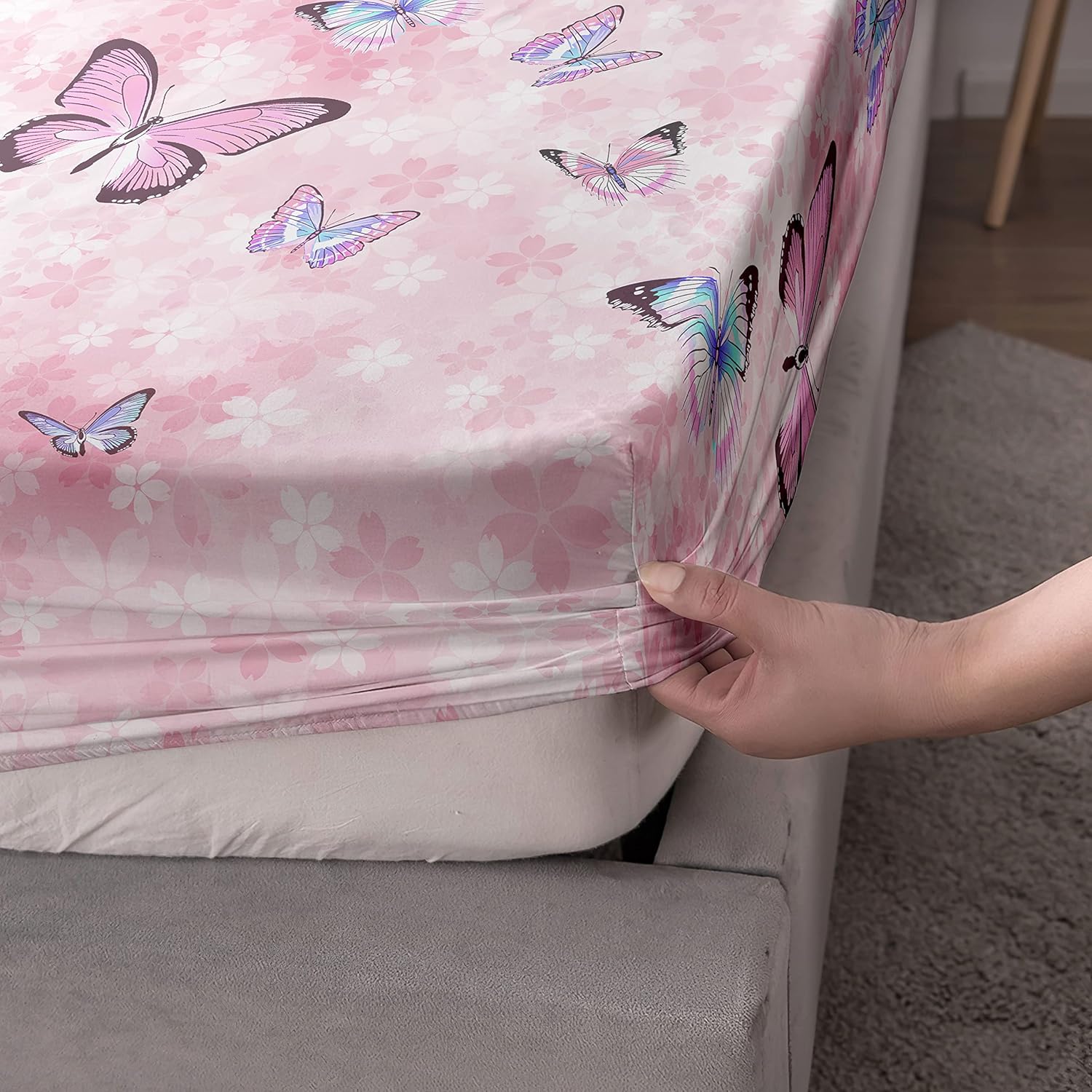 Sheet Set 4Pcs Fitted and Flat Girls Pink Flower Butterfly Printed with 1 + 2 Pillowcases for (Pink Queen), Queen 91x102 inches