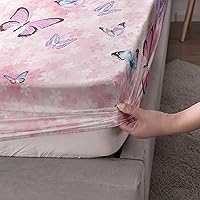 Vista 5 de Juego de sábanas de 4 piezas ajustadas y planas para niñas, estampado de mariposas y flores rosas con 1 + 2 fundas de almohada para cama individual