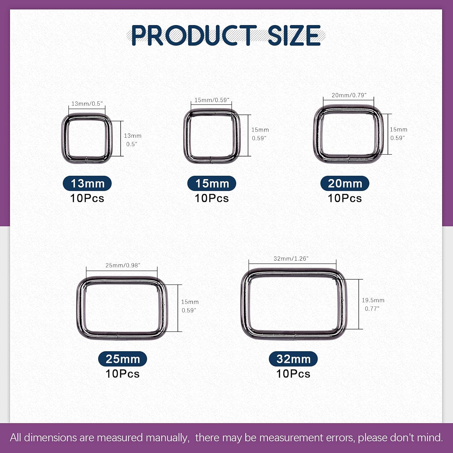 Swpeet 50Pcs 5 Sizes 1/2" 3/4" 1" 5/4" 5/8" Multi-Purpose Metal Rectangle Ring for Belts Hardware Bags Keychain Hand DIY - Image 2