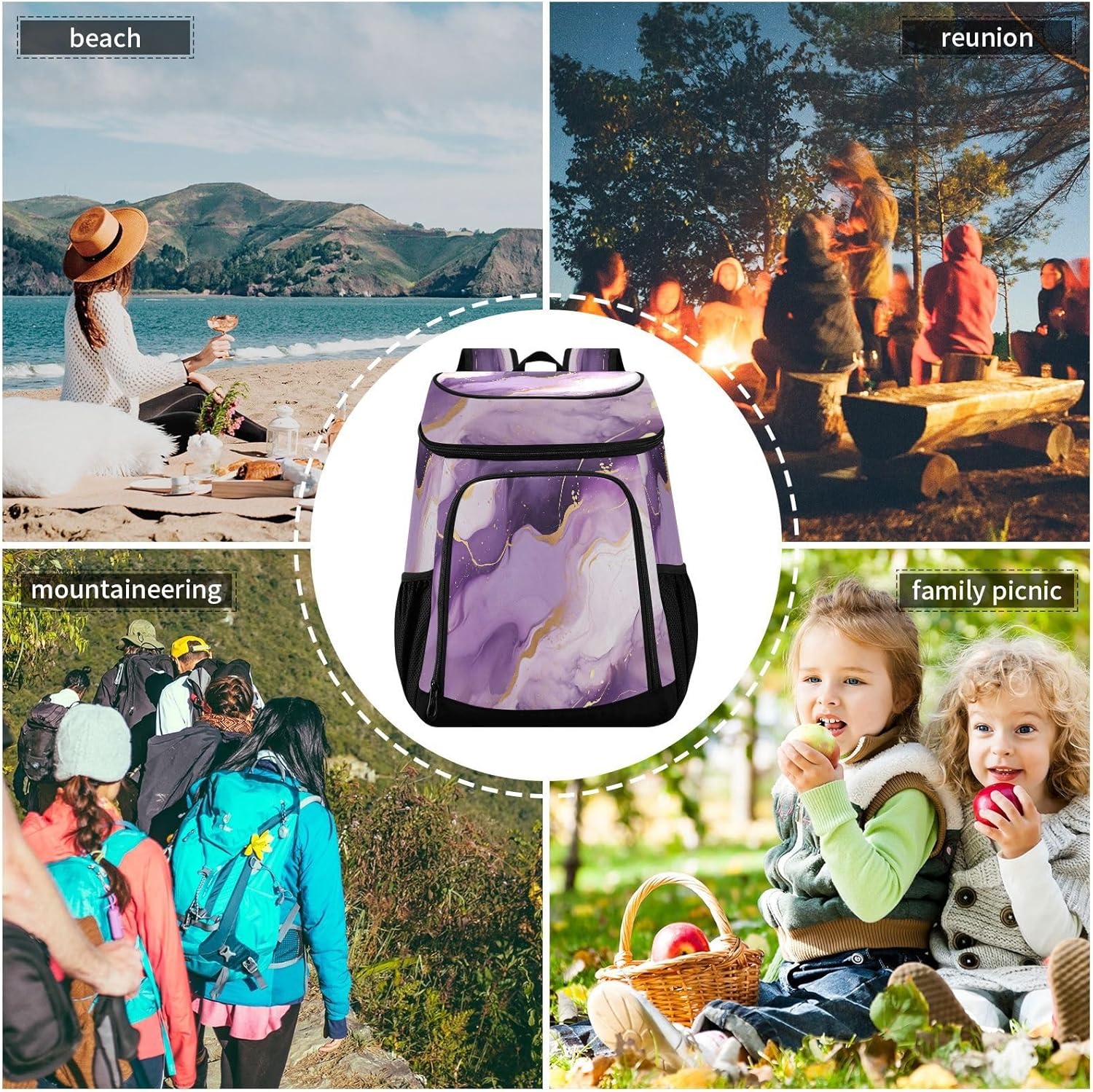 Gold Purple Marble Cooler Backpack 36 Cans Leakproof Waterproof Backpack Cooler Bag Beach Accessories Travel Camping Fishing Backpack for Women Men