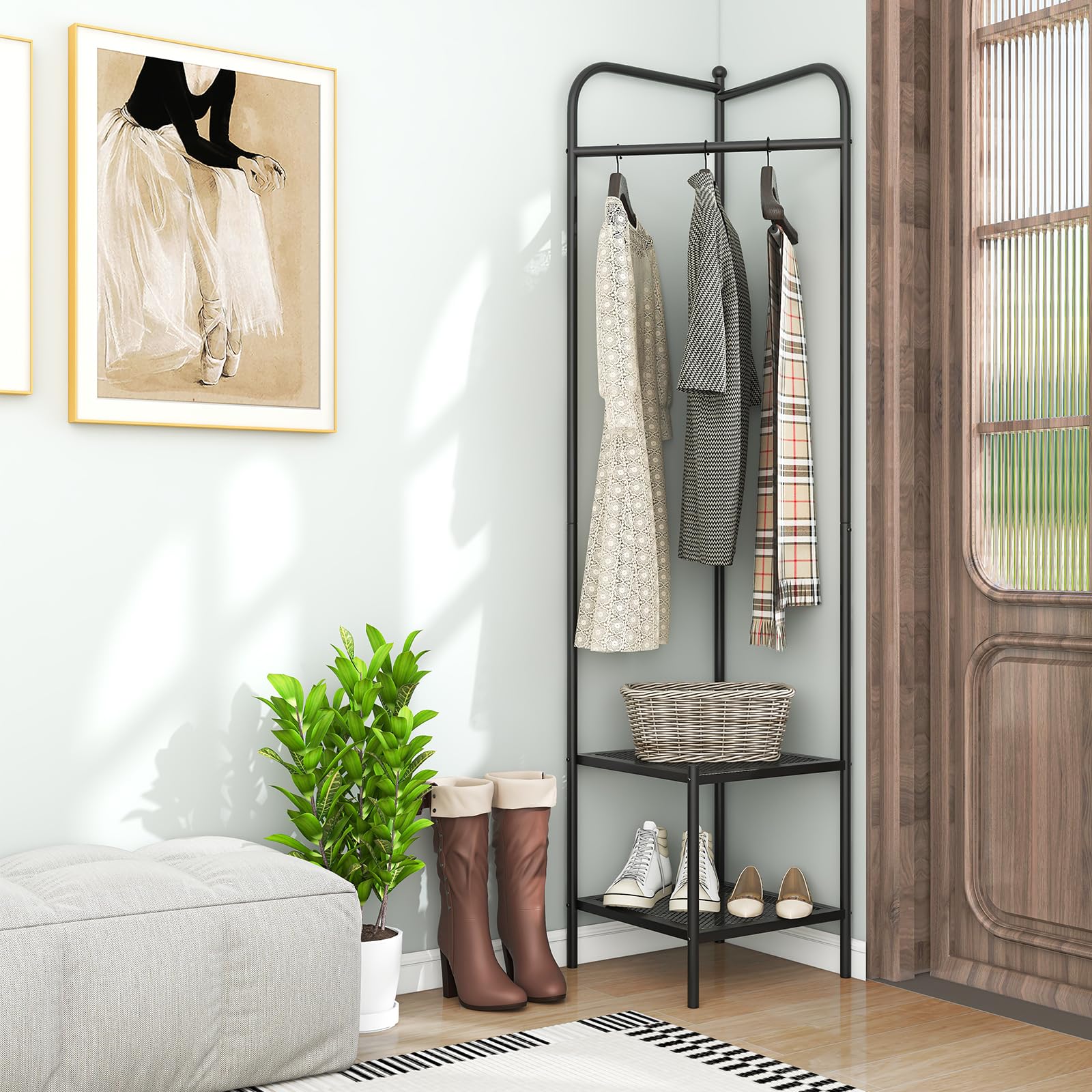 COSTWAY Porte Manteau sur Pieds, Portant a Vetement Solide avec Cintre Supérieur et 2 Étagères en Maille, Kits Anti-Basculement, Vestiaire d'Entrée, Hauteur 193,5 cm, pour Entrée, Chambre (Noir)
