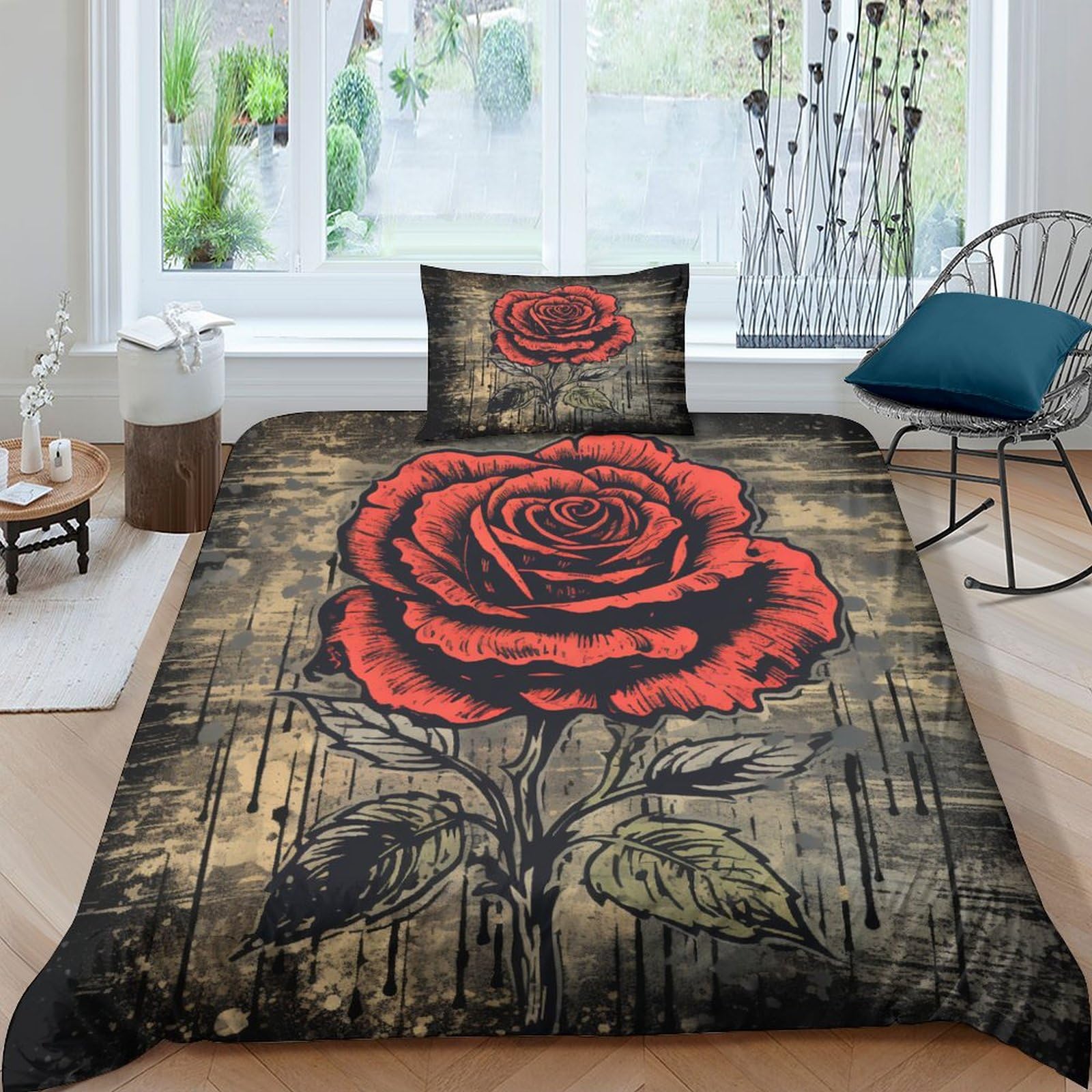 Housse de couette roses anciennes en microfibre premium parure de lit 3D style vieilli