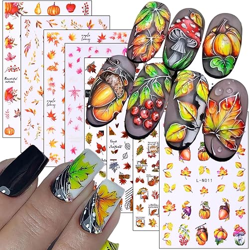 Calcomanías de arte de uñas de hoja de arce de otoño, hojas de otoño 3D, diseño de calabaza y hongos para uñas, decoración de calcomanías de
