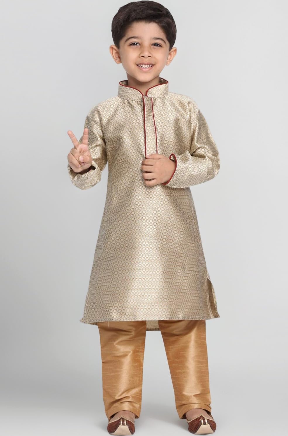 JBN Creation Boys' Full Sleeve Silk Blend Kurta Pyjama Set with Mandarin Collar, Featuring Ethnic Motifs, Self-Design, and Embellishments - Perfect for Festivals and Special Occasions