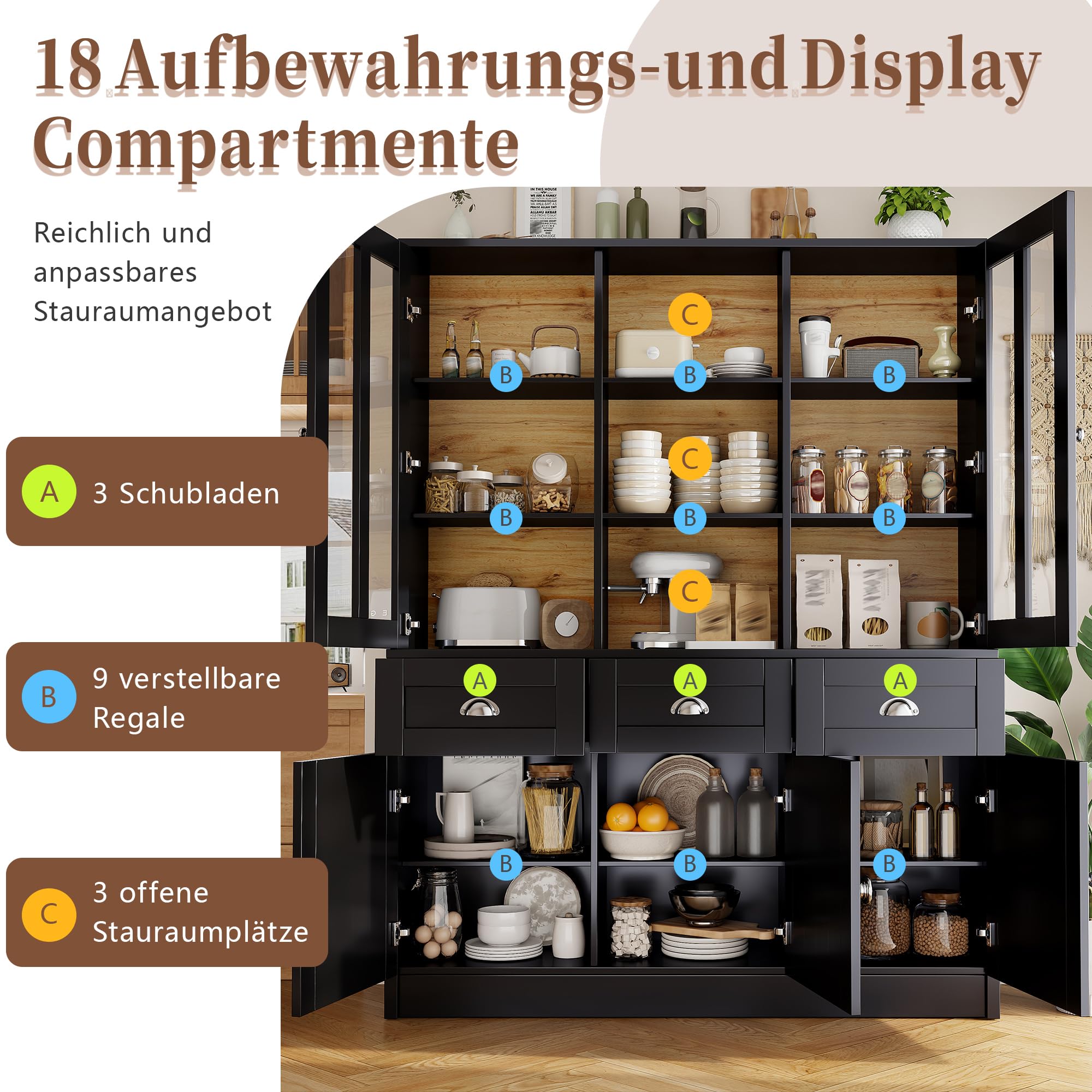 Hochschränke fürs Wohnzimmer,Vitrinenschrank,Küchenschrank,Esszimmerschrank mit Schubladen,Moderner Minimalistischer Hochschrank,Standvitrine für Küche Wohnzimmer Esszimmer(Schwarz (140×38.5×175cm))