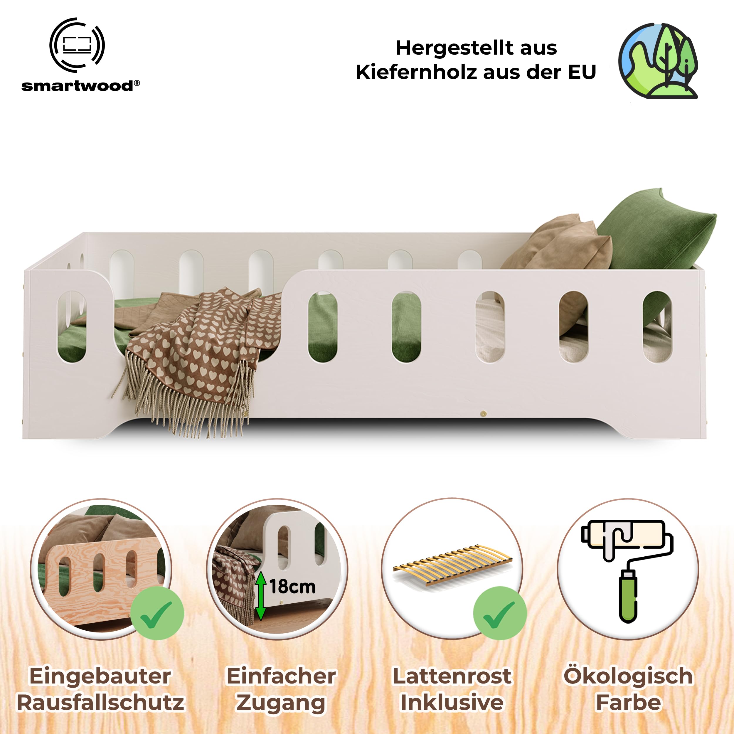 Smartwood Bodenbett 120x200 cm Weiß Montessori Kinderbett aus Holz mit FSC-Zertifikat TILA 2L Rausfallschutz Lattenrost bis 300kg